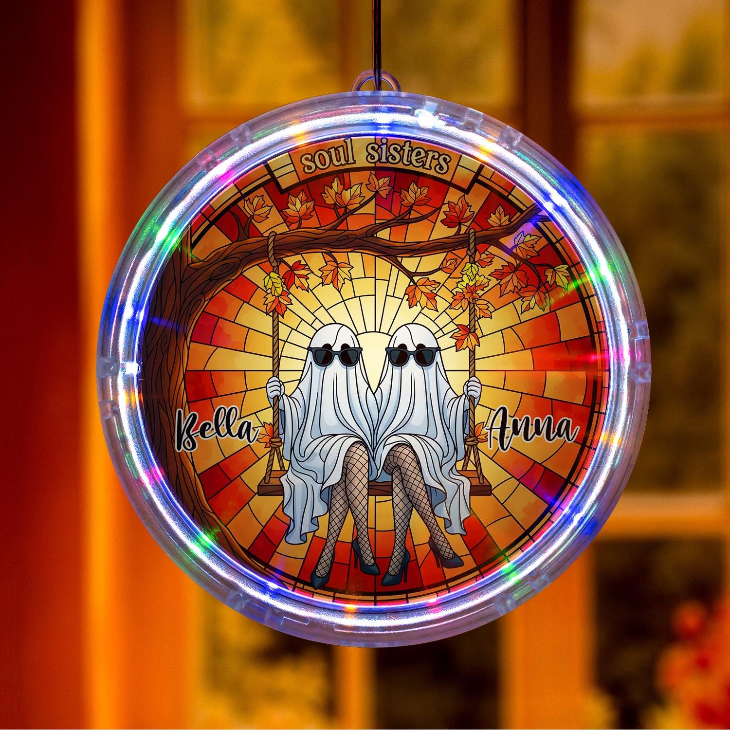 LED Suncatcher, Soul Sisters Ghost Window Hanging, Personalized Halloween Decor, Autumn Best Friend Sun Catcher Gift, Gift For Sister