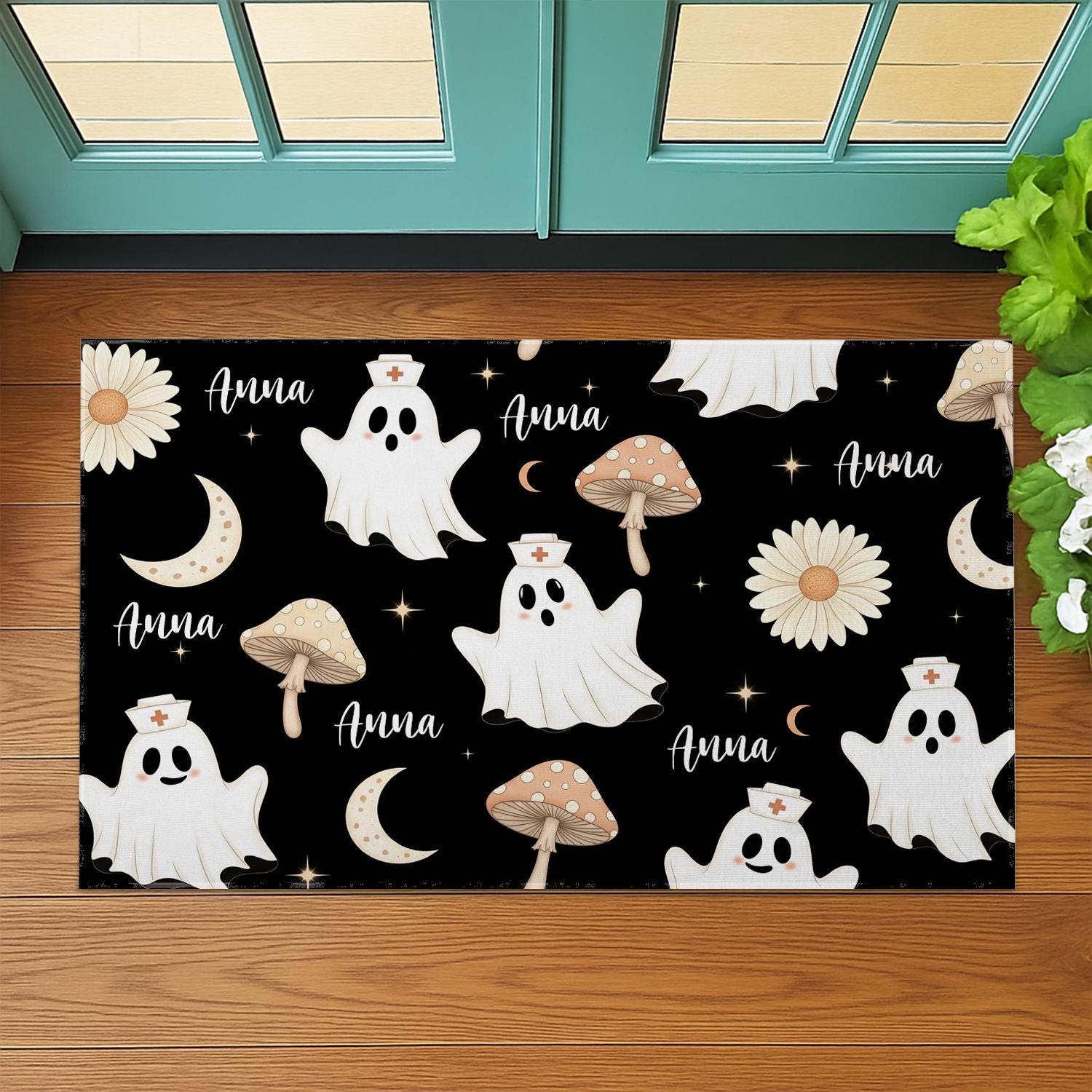 Personalized Nurse Ghost Doormat, Custom Halloween Rug, Cute Spooky Welcome Mat, Name Entryway Floor Decor, Fall Home Gift, Nurse Gift