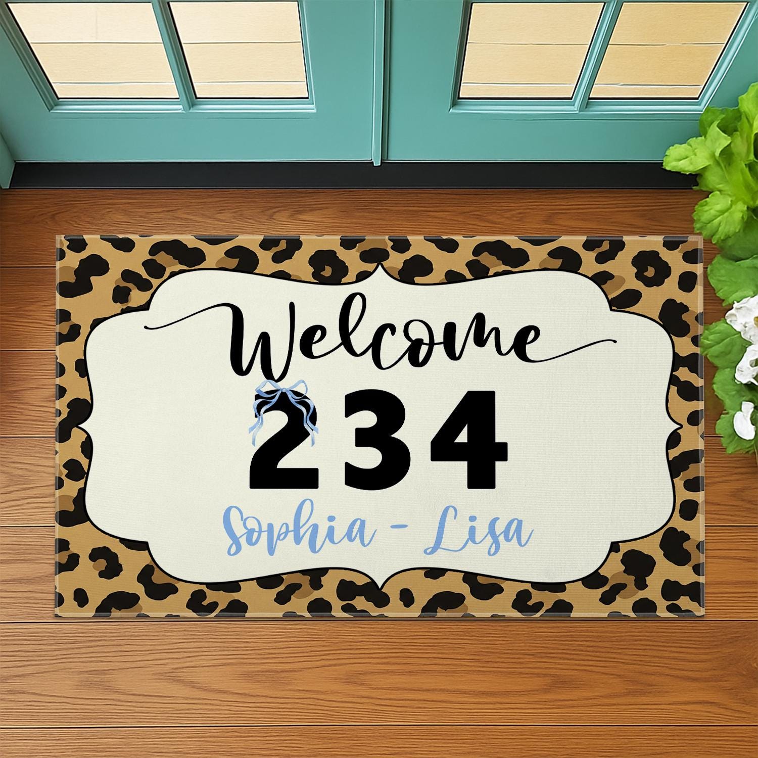 Personalized Leopard Print Doormat, Custom House Number Rug, Welcome Mat with Names, Entryway Floor Decor, Gift for Homeowners, Sister Gift