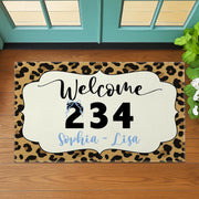 Personalized Leopard Print Doormat, Custom House Number Rug, Welcome Mat with Names, Entryway Floor Decor, Gift for Homeowners, Sister Gift