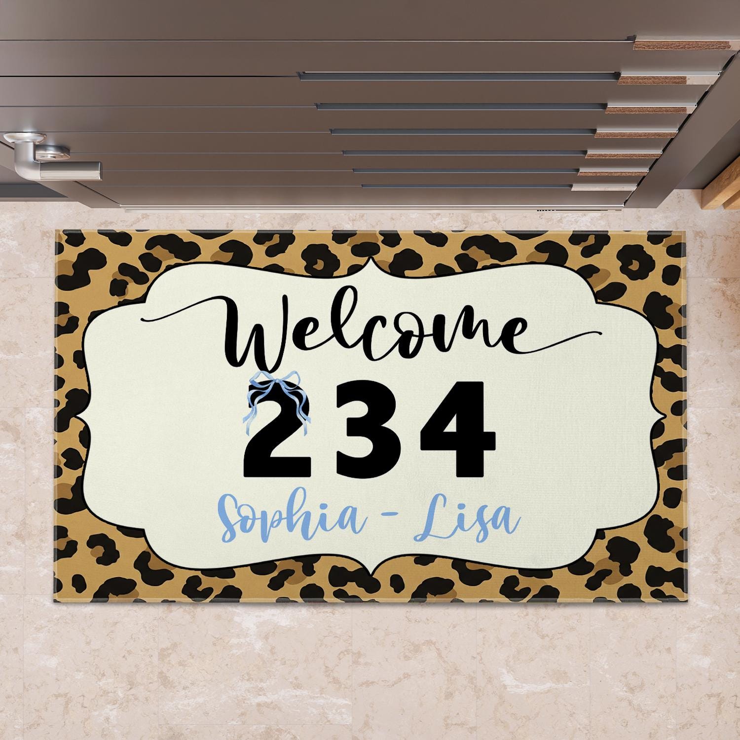 Personalized Leopard Print Doormat, Custom House Number Rug, Welcome Mat with Names, Entryway Floor Decor, Gift for Homeowners, Sister Gift