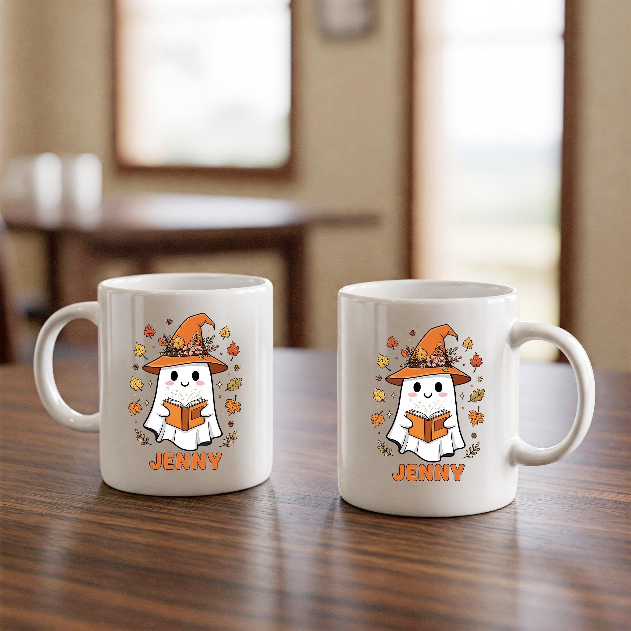 Personalized Ghost Mug, Custom Halloween Coffee Cup, Cute Witch Ghost Mug with Name, Autumn Fall Mug Gift for Her