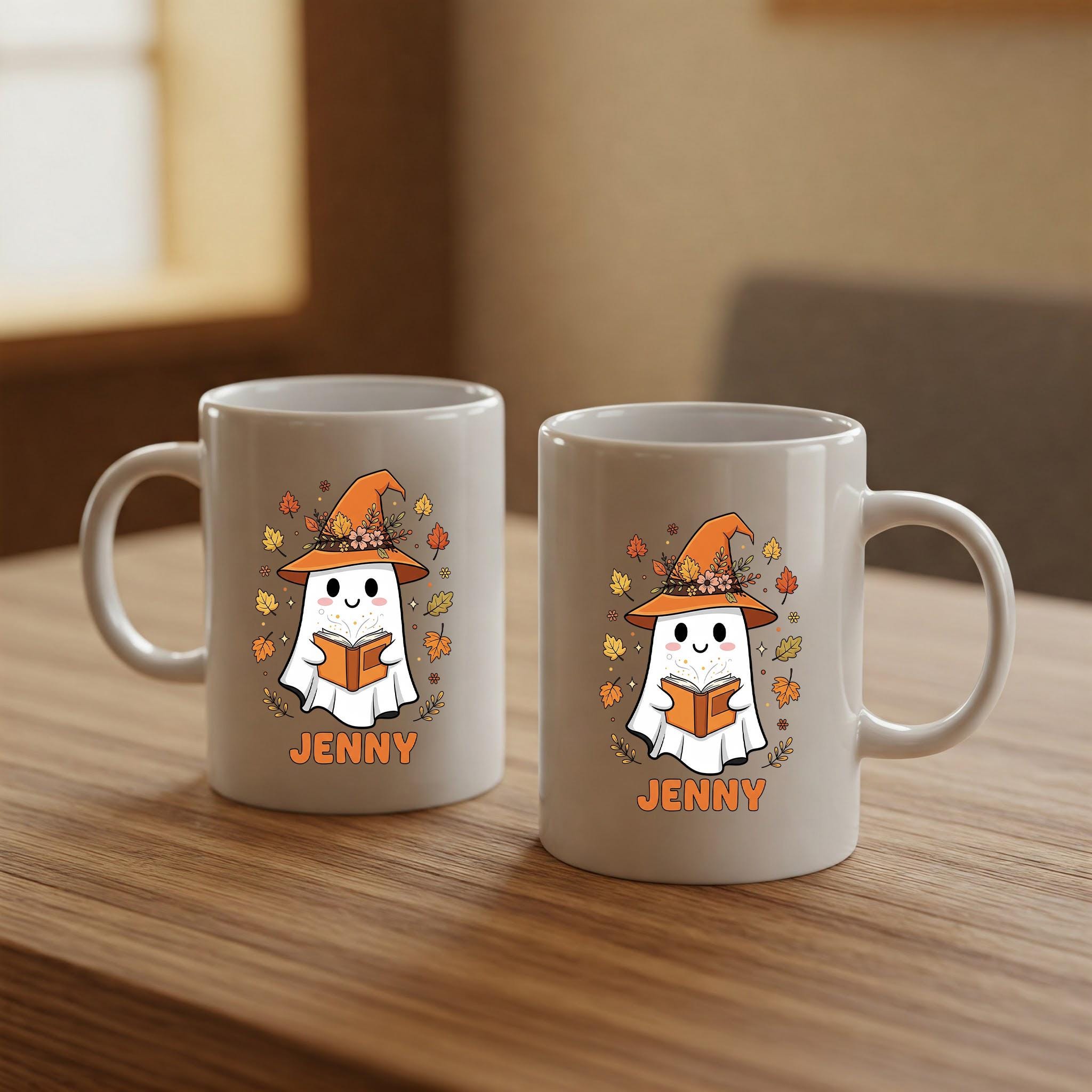 Personalized Ghost Mug, Custom Halloween Coffee Cup, Cute Witch Ghost Mug with Name, Autumn Fall Mug Gift for Her