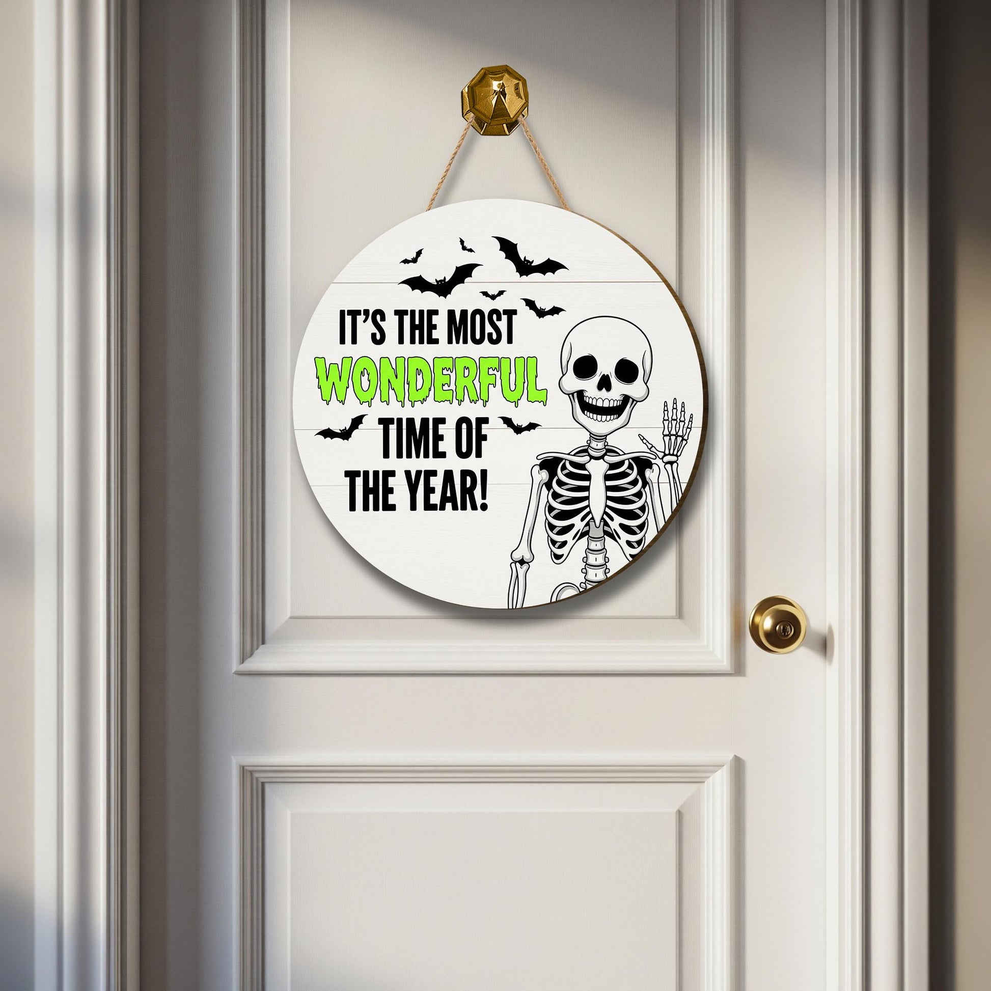 Halloween Skeleton Door Sign, Spooky Front Door Hanger, Funny Bat Wall Decor, Most Wonderful Time of Year Halloween Sign