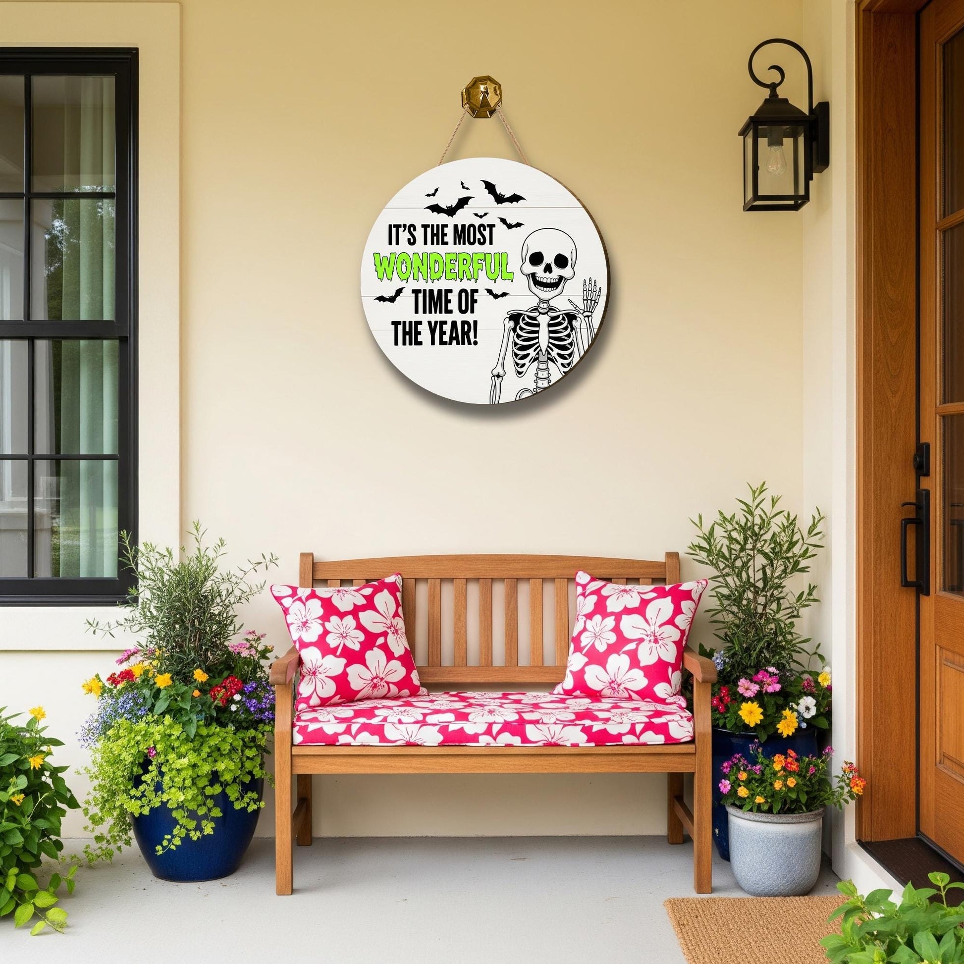 Halloween Skeleton Door Sign, Spooky Front Door Hanger, Funny Bat Wall Decor, Most Wonderful Time of Year Halloween Sign