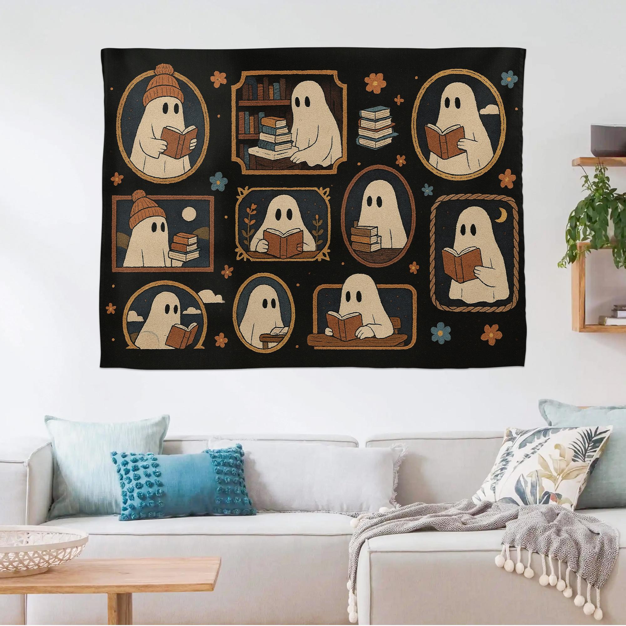 Bookish Ghost Tapestry – Cute Halloween Wall Hanging for Readers – Spooky Goth Room Decor for Book Lovers