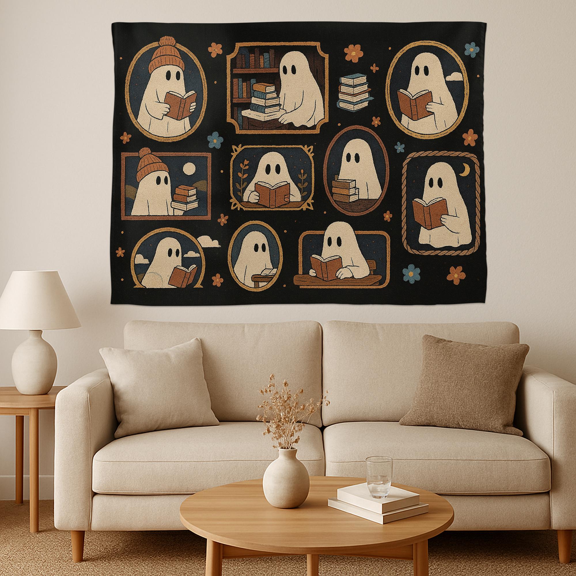 Bookish Ghost Tapestry – Cute Halloween Wall Hanging for Readers – Spooky Goth Room Decor for Book Lovers