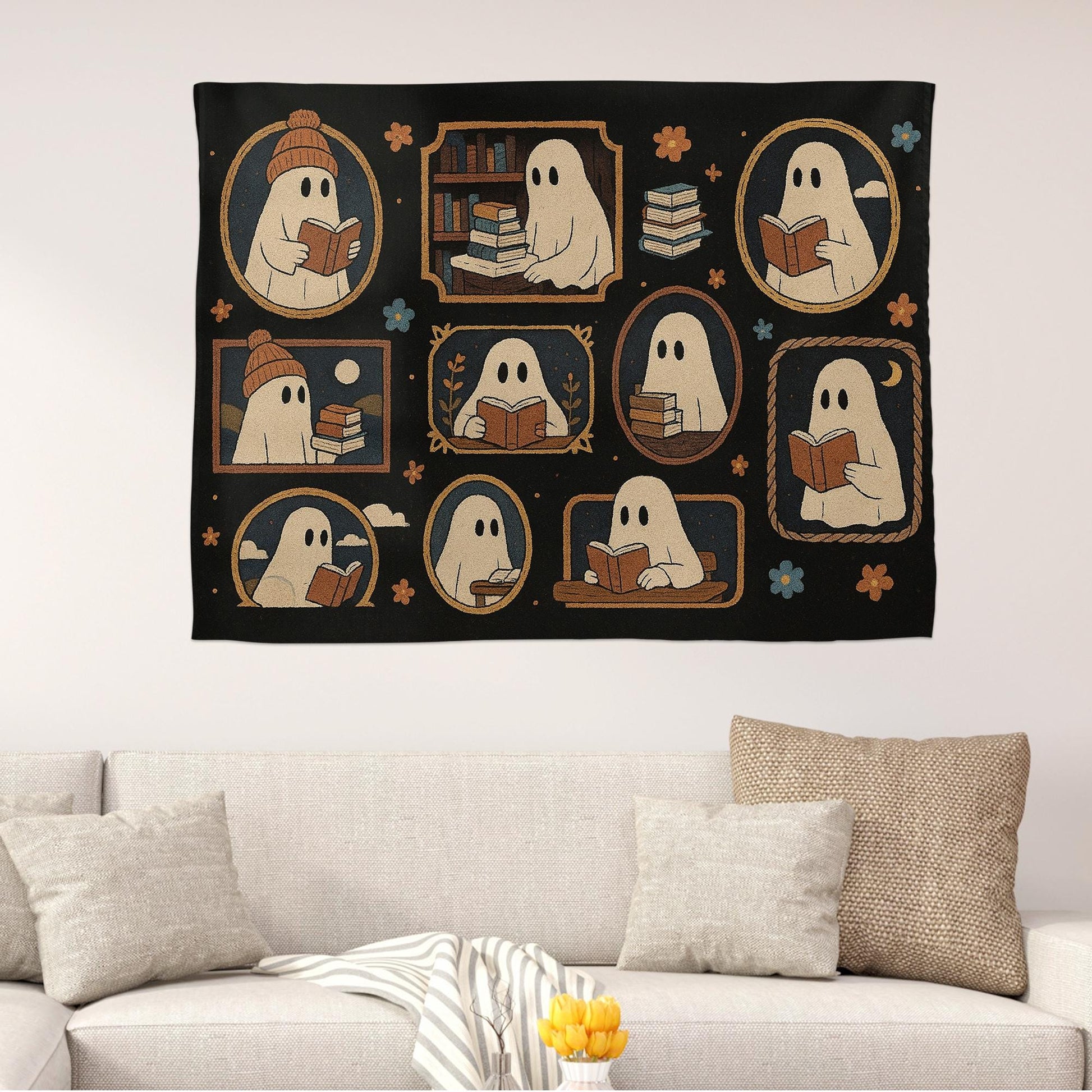 Bookish Ghost Tapestry – Cute Halloween Wall Hanging for Readers – Spooky Goth Room Decor for Book Lovers