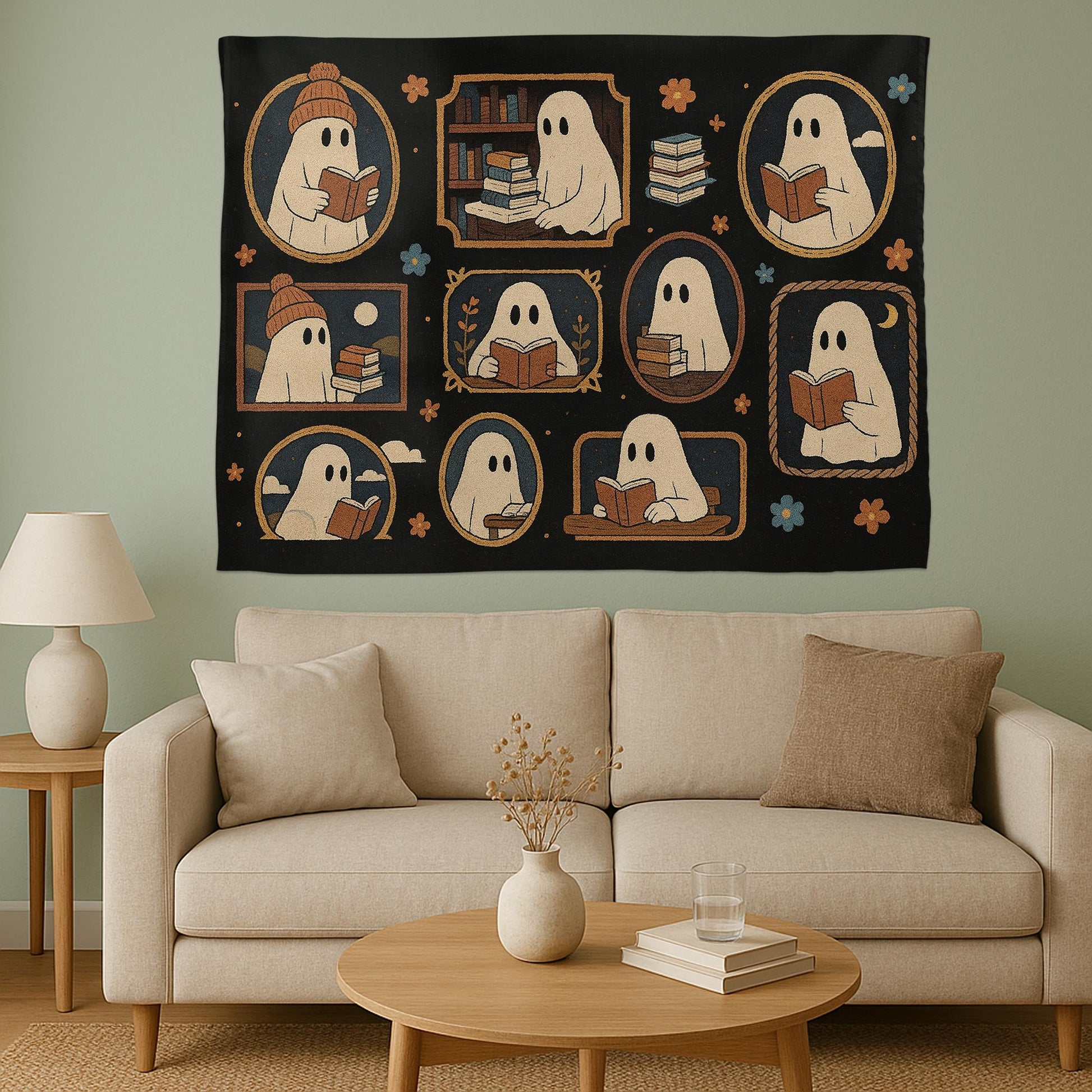 Bookish Ghost Tapestry – Cute Halloween Wall Hanging for Readers – Spooky Goth Room Decor for Book Lovers