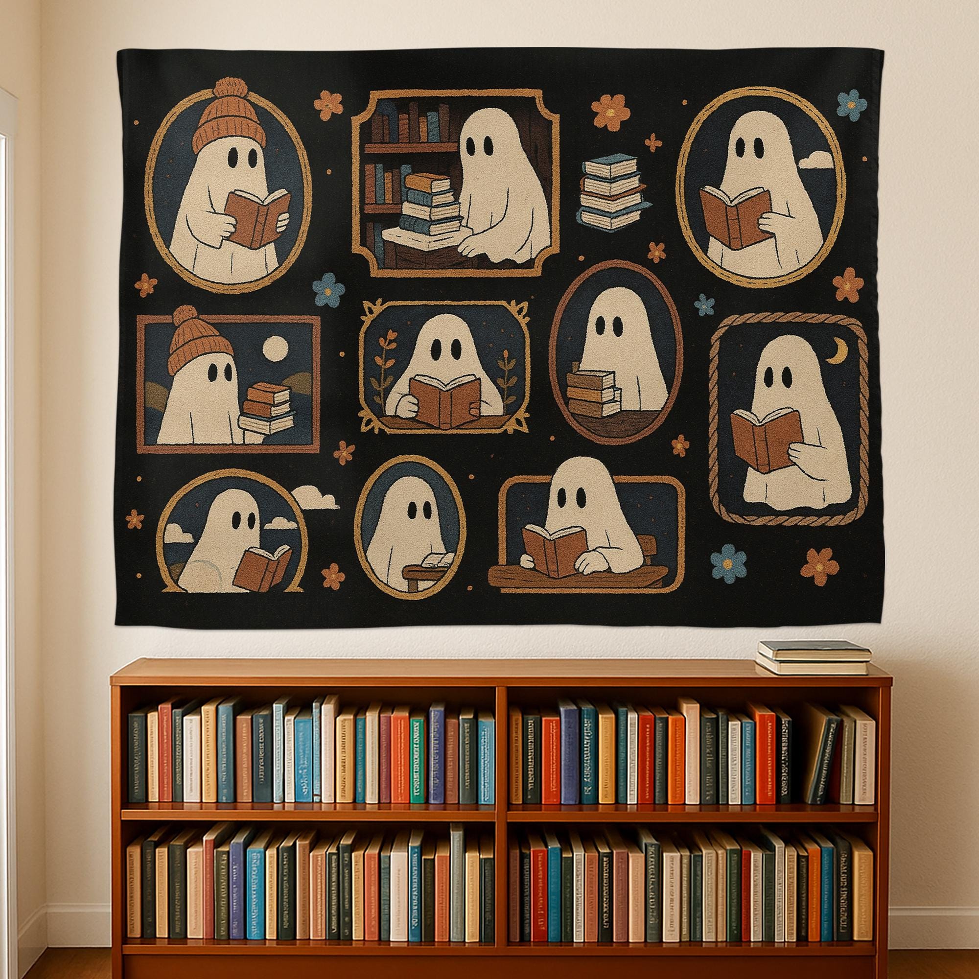 Bookish Ghost Tapestry – Cute Halloween Wall Hanging for Readers – Spooky Goth Room Decor for Book Lovers
