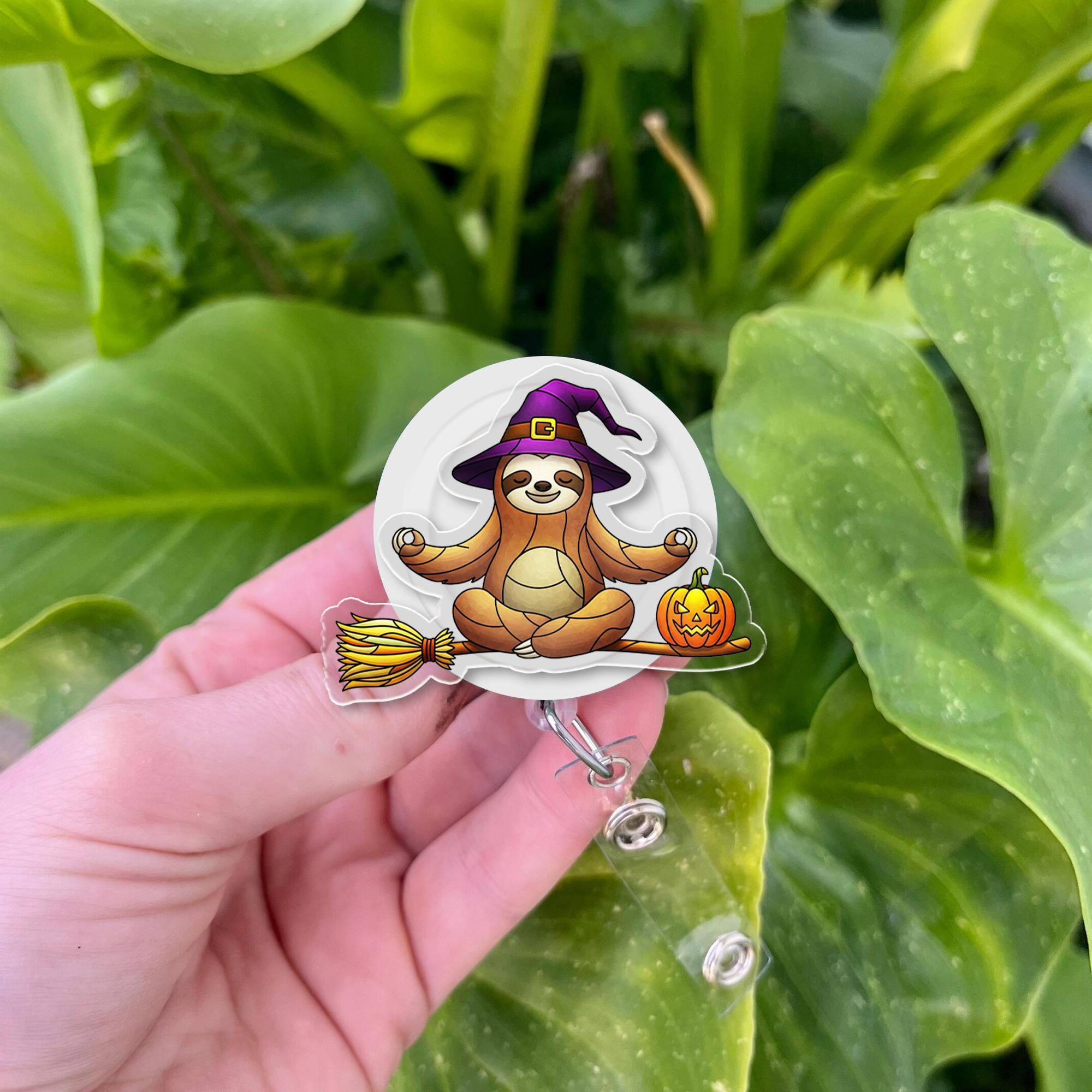 Yoga Sloth Witch Badge Reel: Halloween Nurse ID Holder
