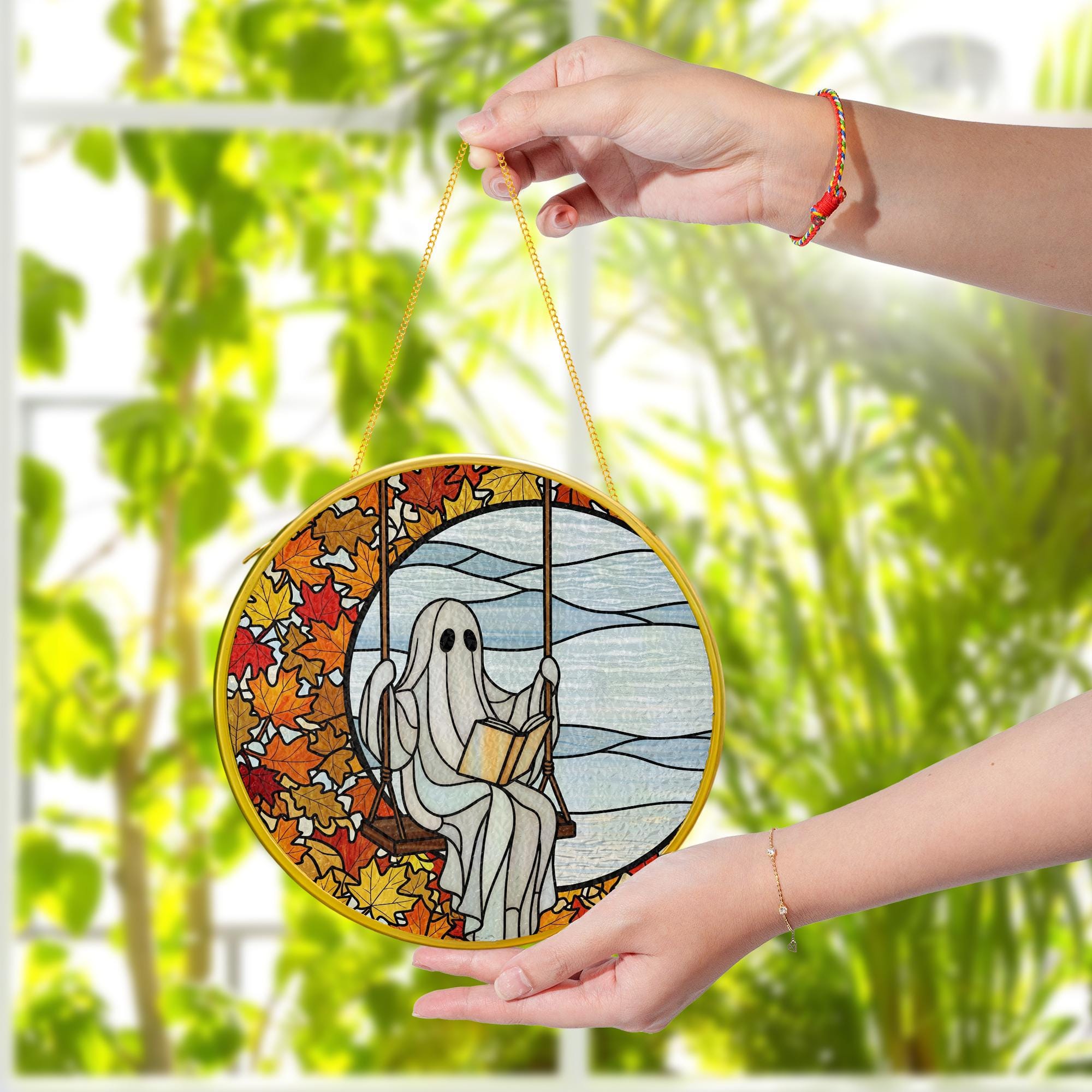 Ghost Reading Suncatcher: Autumn Leaves Window Hanging, Spooky Decor