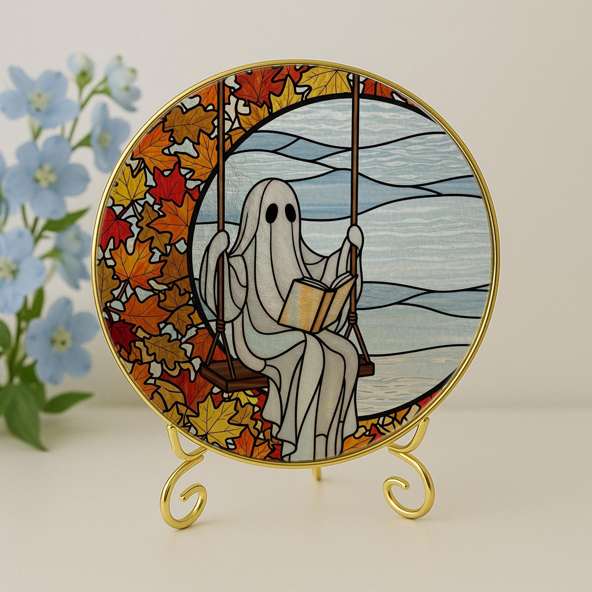 Ghost Reading Suncatcher: Autumn Leaves Window Hanging, Spooky Decor