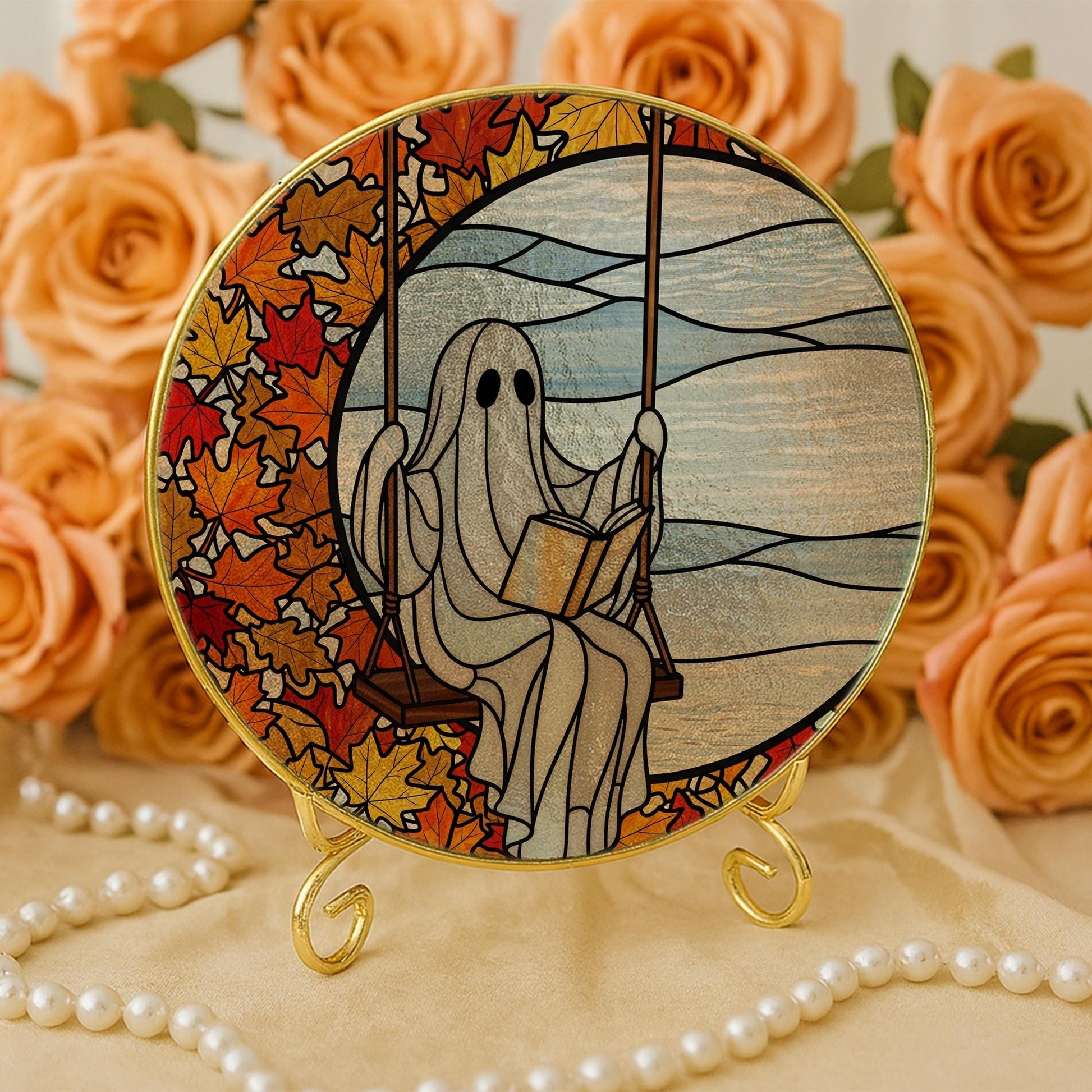 Ghost Reading Suncatcher: Autumn Leaves Window Hanging, Spooky Decor