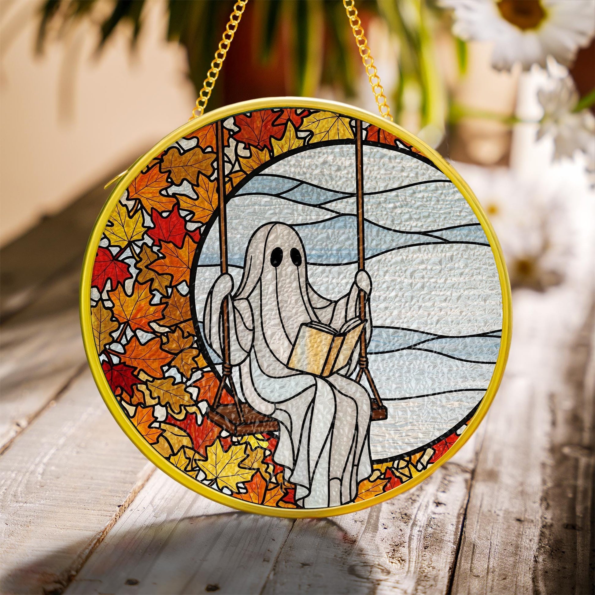 Ghost Reading Suncatcher: Autumn Leaves Window Hanging, Spooky Decor