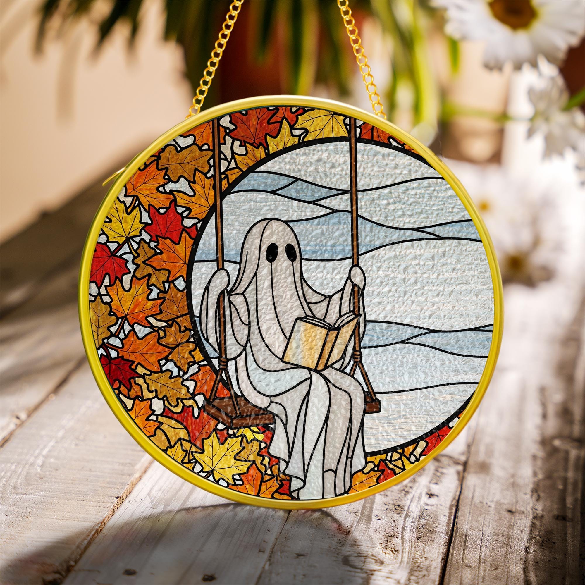 Ghost Reading Suncatcher: Autumn Leaves Window Hanging, Spooky Decor