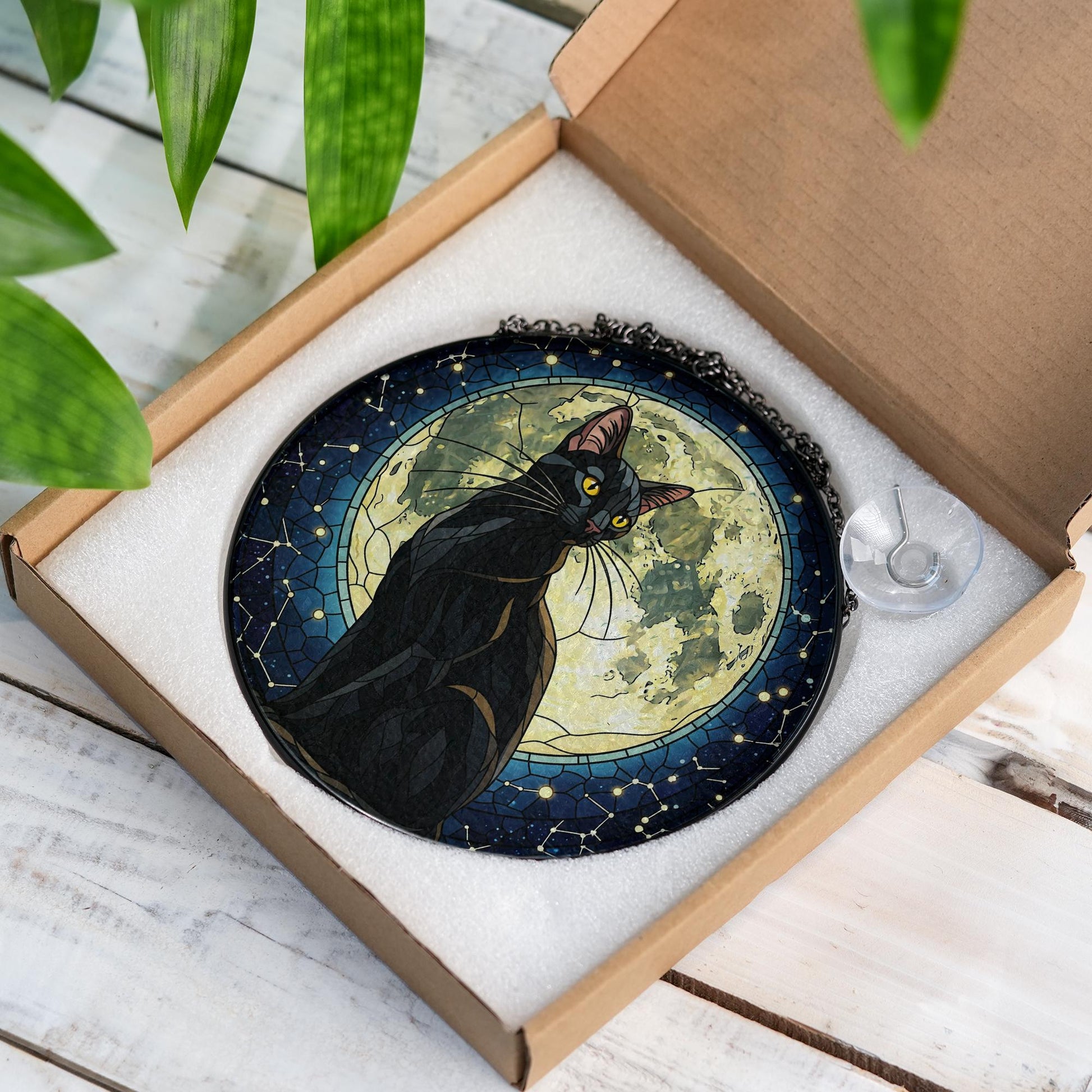 Black Cat Moon Glass Suncatcher, Gothic Window Hanging, Halloween Cat Decor, Stained Glass Gift, Witchy Moonlight Home Art