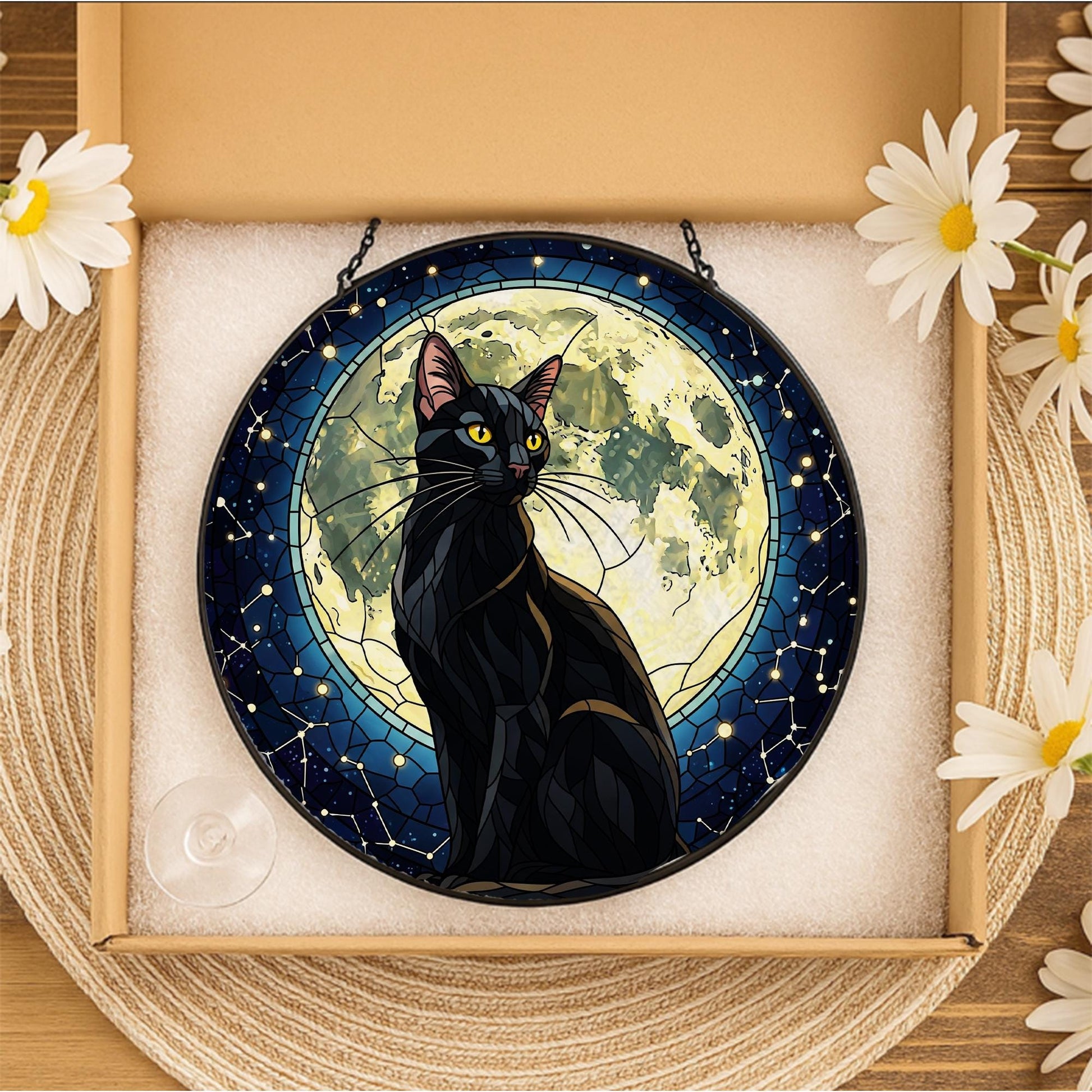Black Cat Moon Glass Suncatcher, Gothic Window Hanging, Halloween Cat Decor, Stained Glass Gift, Witchy Moonlight Home Art
