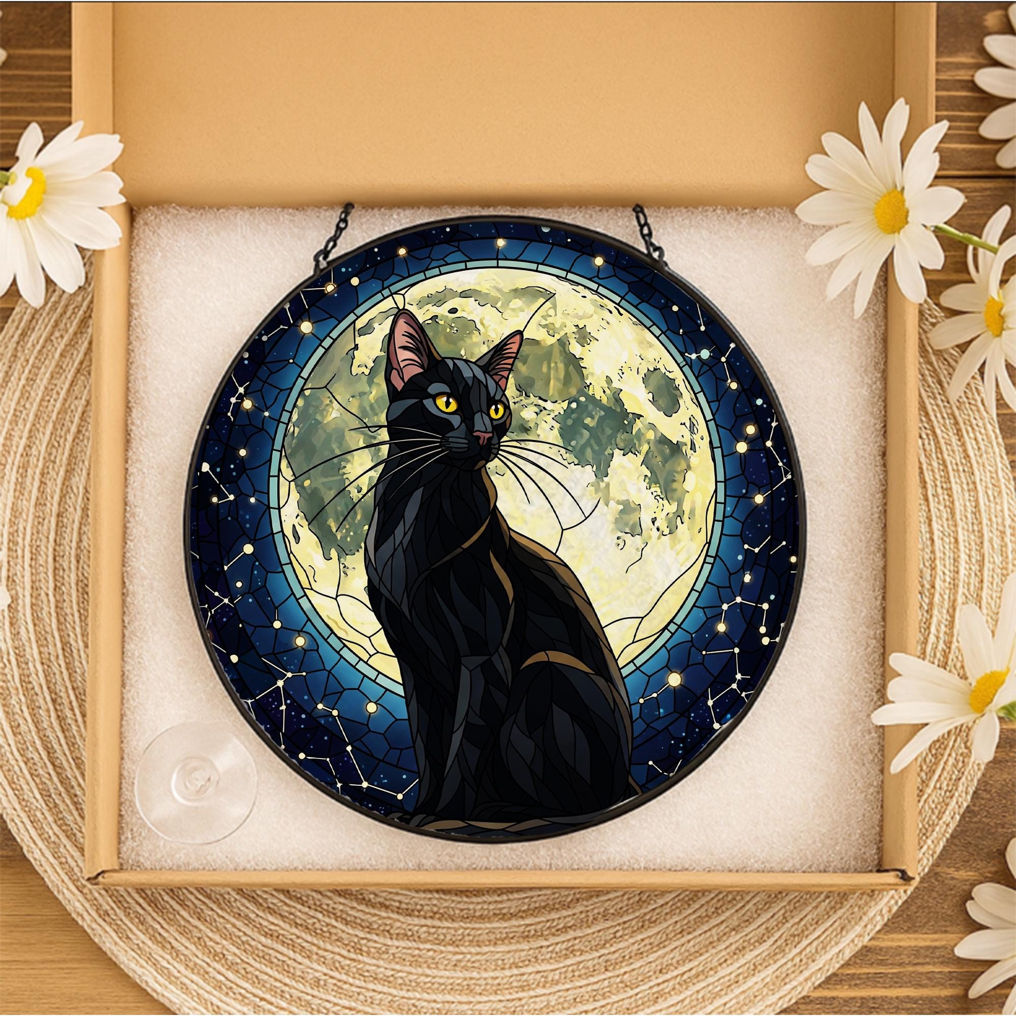 Black Cat Moon Glass Suncatcher, Gothic Window Hanging, Halloween Cat Decor, Stained Glass Gift, Witchy Moonlight Home Art