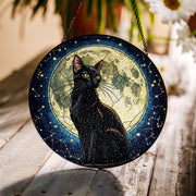 Black Cat Moon Glass Suncatcher, Gothic Window Hanging, Halloween Cat Decor, Stained Glass Gift, Witchy Moonlight Home Art