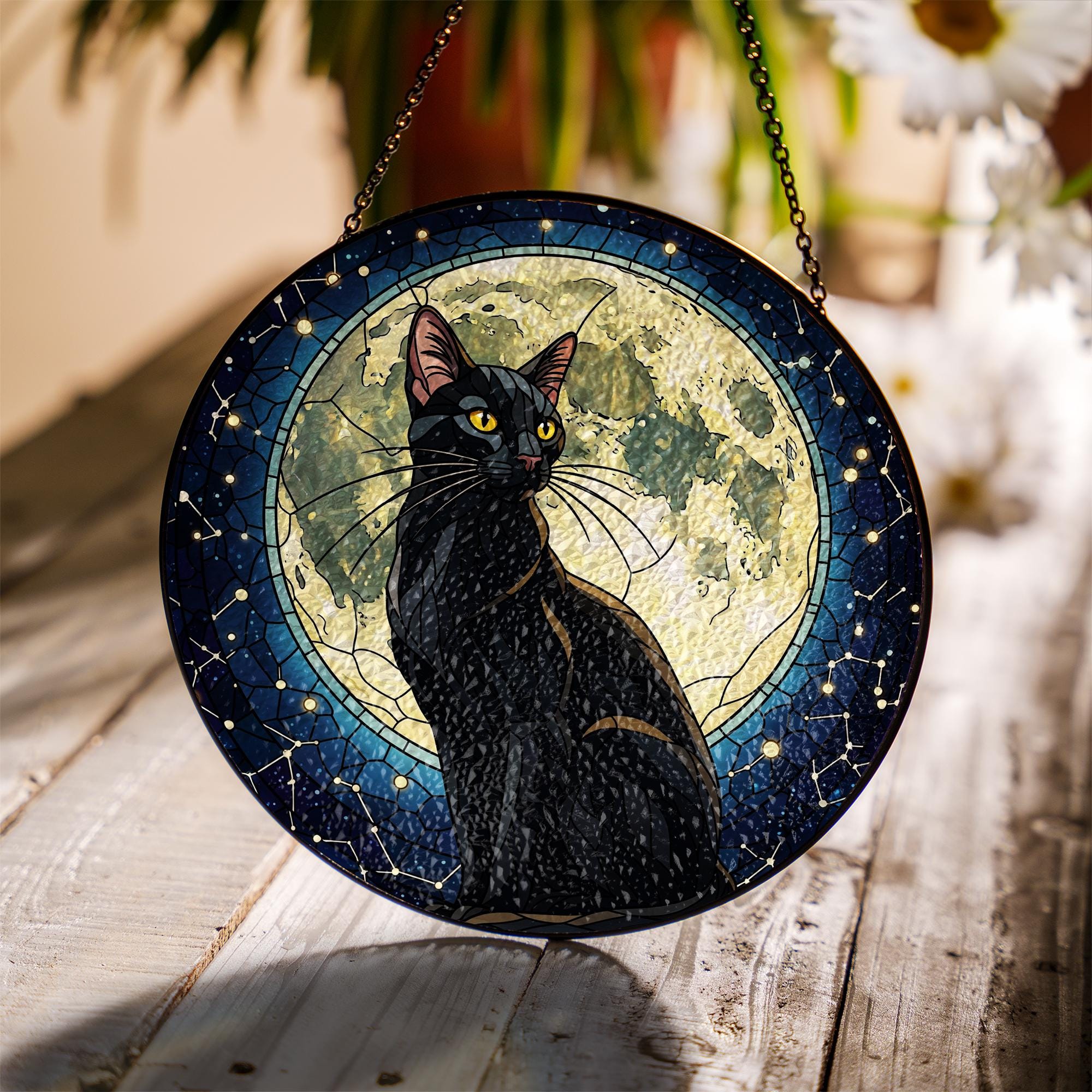 Black Cat Moon Glass Suncatcher, Gothic Window Hanging, Halloween Cat Decor, Stained Glass Gift, Witchy Moonlight Home Art