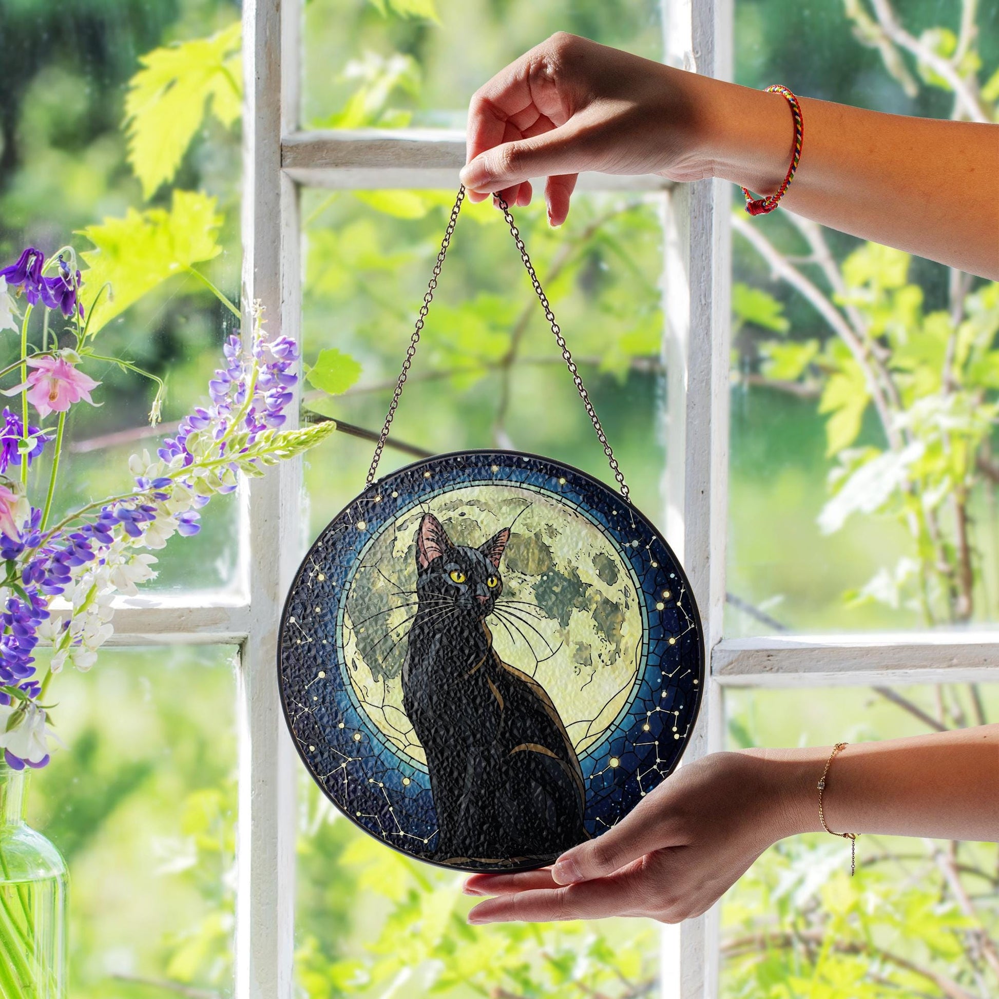 Black Cat Moon Glass Suncatcher, Gothic Window Hanging, Halloween Cat Decor, Stained Glass Gift, Witchy Moonlight Home Art