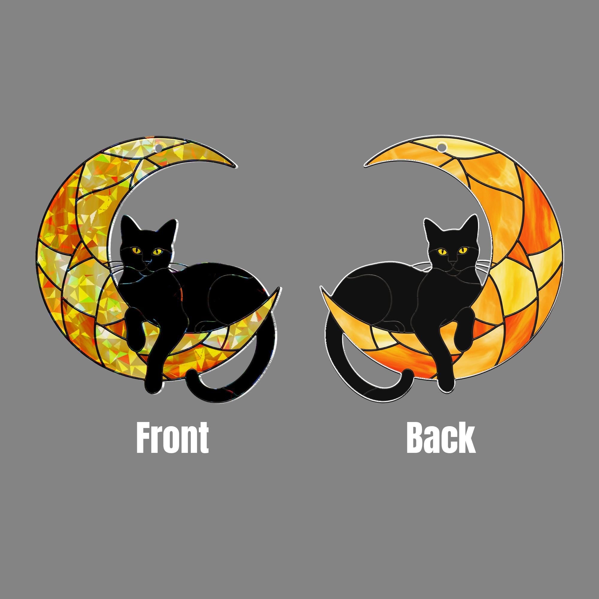 Black Cat Moon Acrylic Window Hanging, Hologram Suncatcher, Halloween Cat Decor, Gothic Crescent Moon Gift, Mystical Window Art