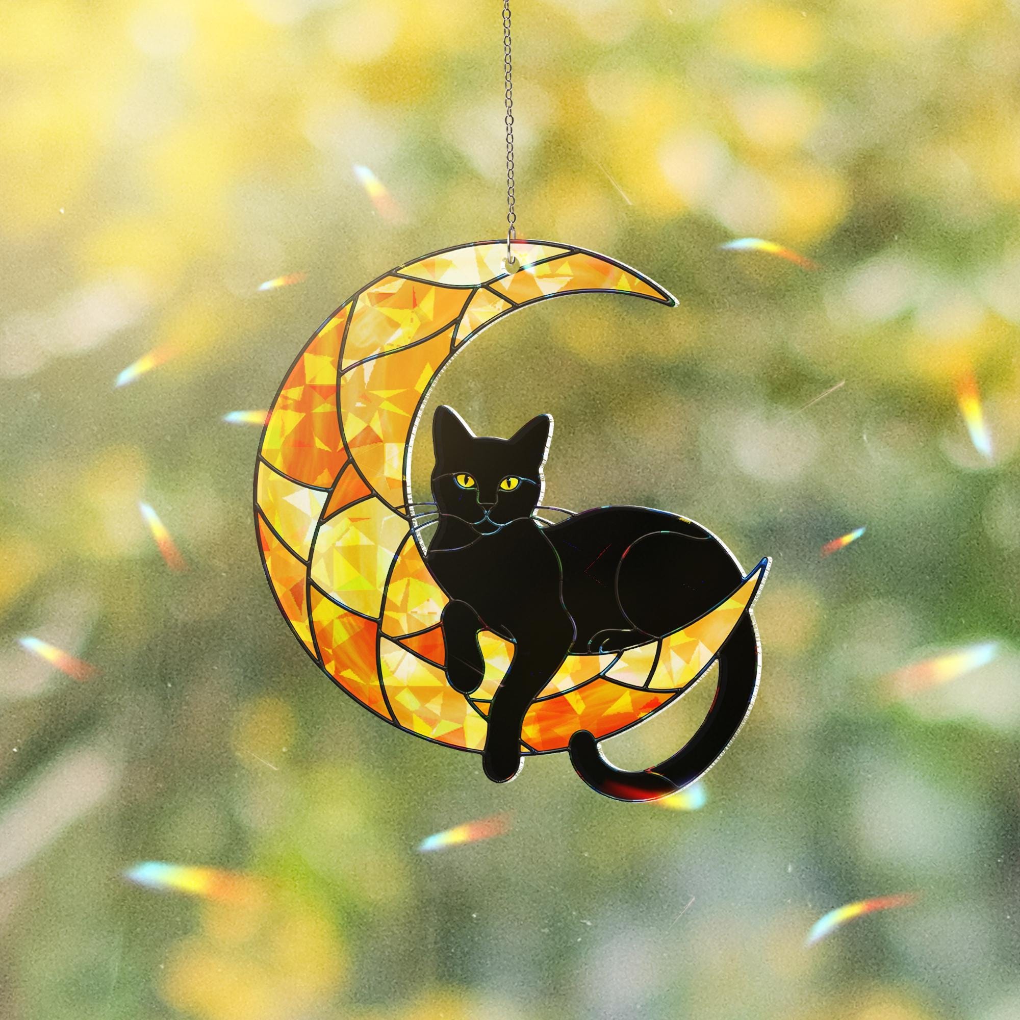 Black Cat Moon Acrylic Window Hanging, Hologram Suncatcher, Halloween Cat Decor, Gothic Crescent Moon Gift, Mystical Window Art