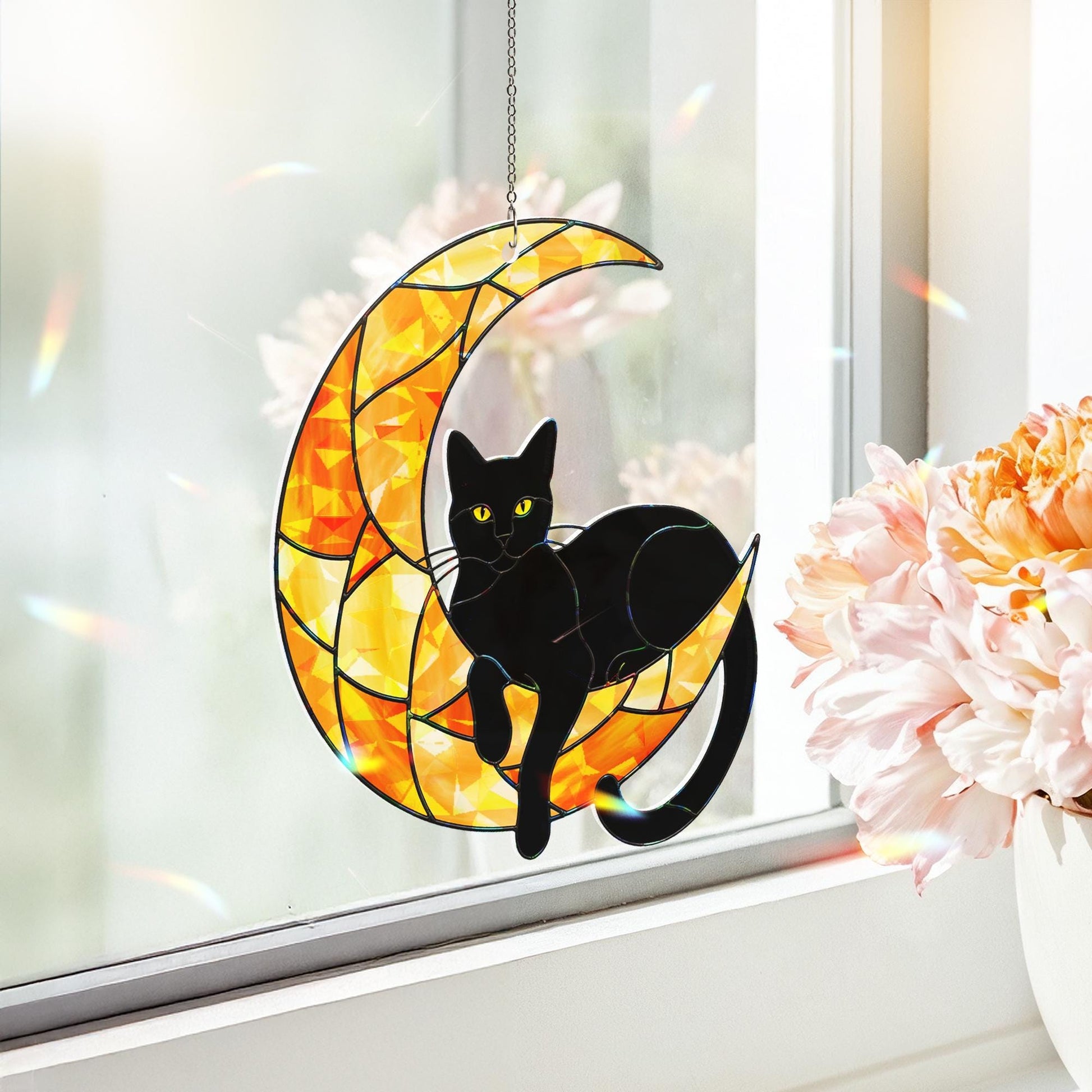Black Cat Moon Acrylic Window Hanging, Hologram Suncatcher, Halloween Cat Decor, Gothic Crescent Moon Gift, Mystical Window Art