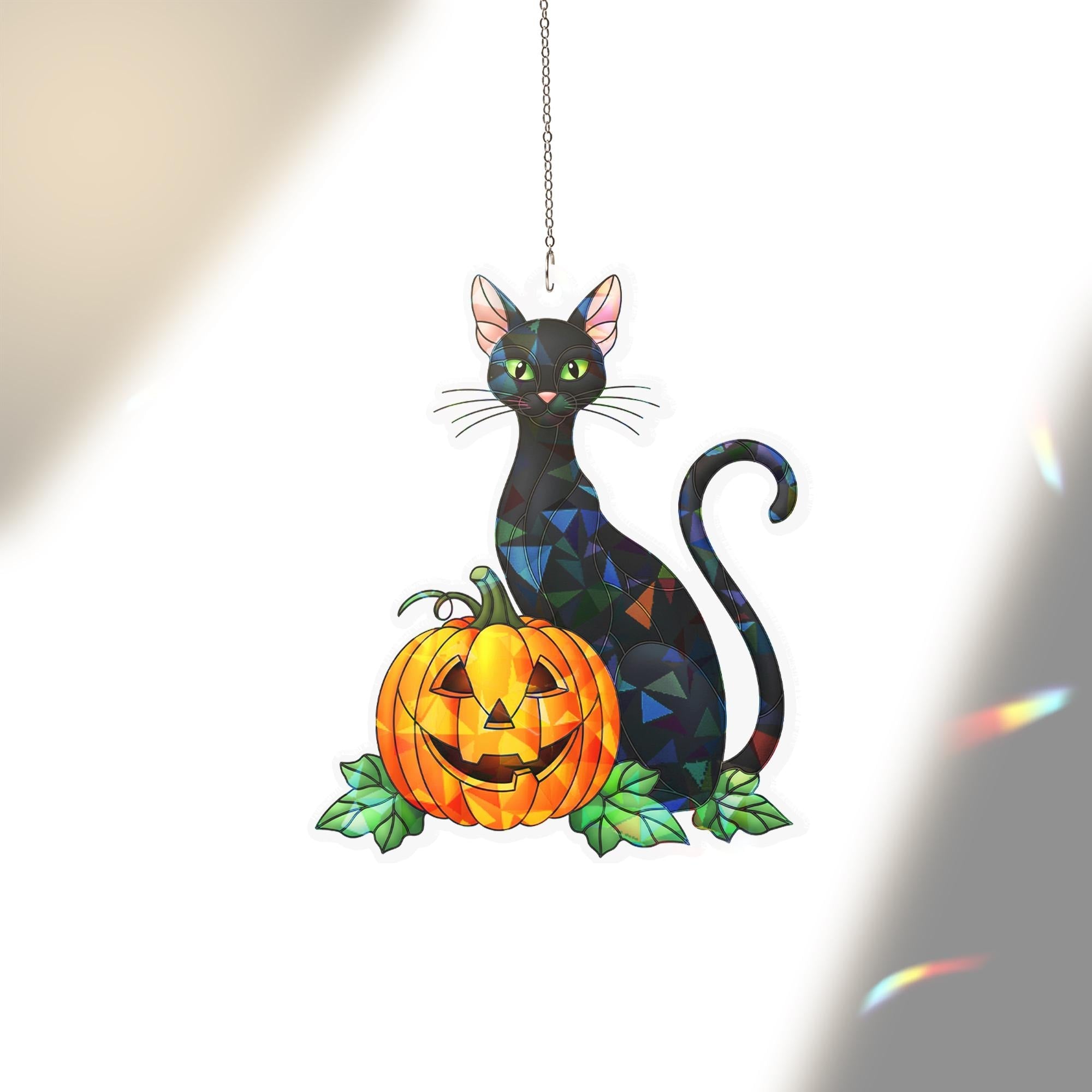 Black Cat Pumpkin Acrylic Window Hanging, Halloween Hologram Suncatcher, Gothic Cat Decor, Spooky Jack O Lantern Window Art