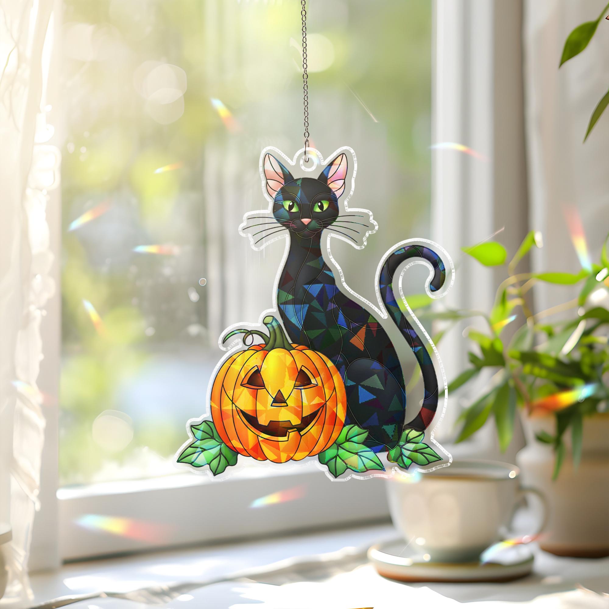 Black Cat Pumpkin Acrylic Window Hanging, Halloween Hologram Suncatcher, Gothic Cat Decor, Spooky Jack O Lantern Window Art