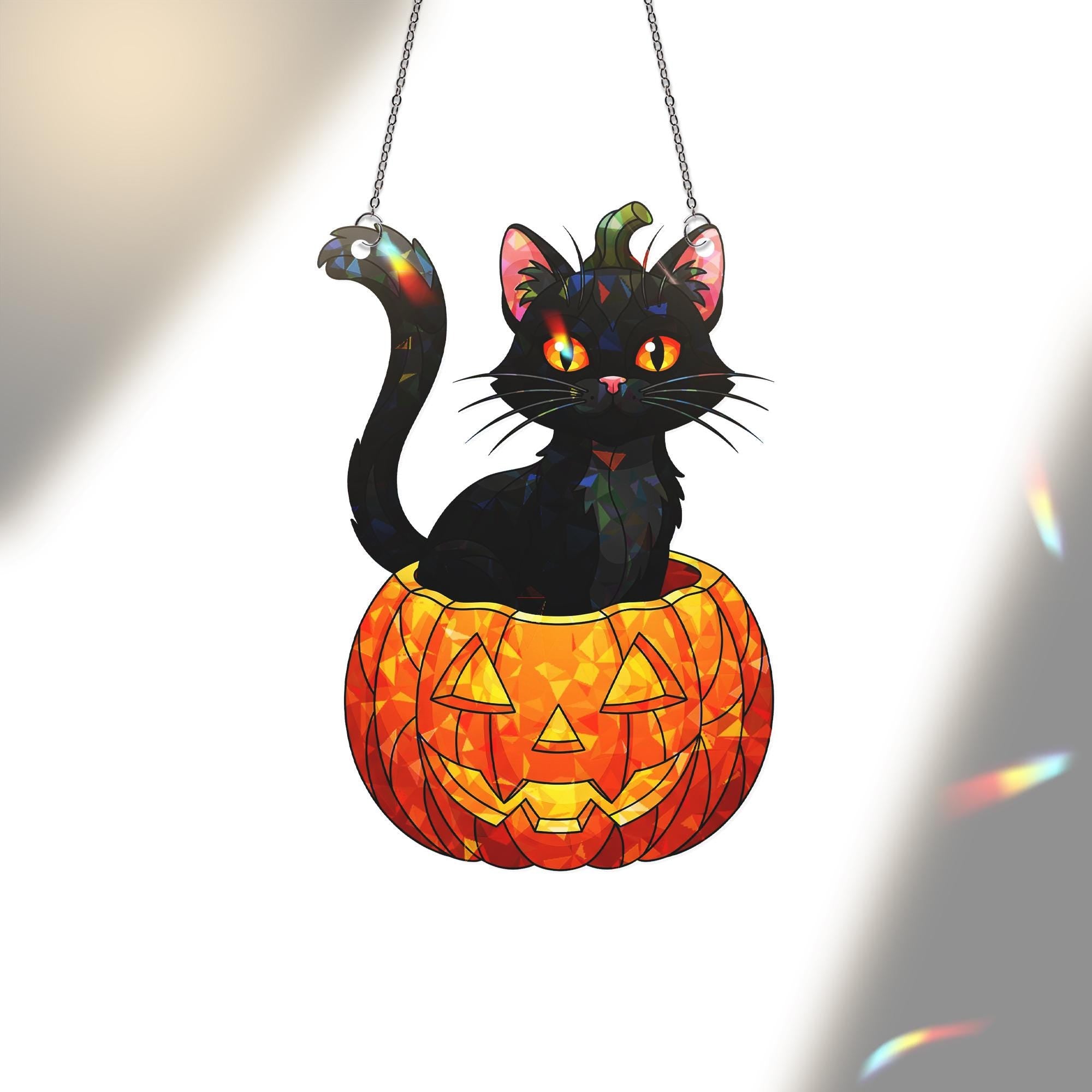 Black Cat Pumpkin Acrylic Window Hanging, Halloween Hologram Suncatcher, Gothic Cat Jack O Lantern Decor, Spooky Window Art