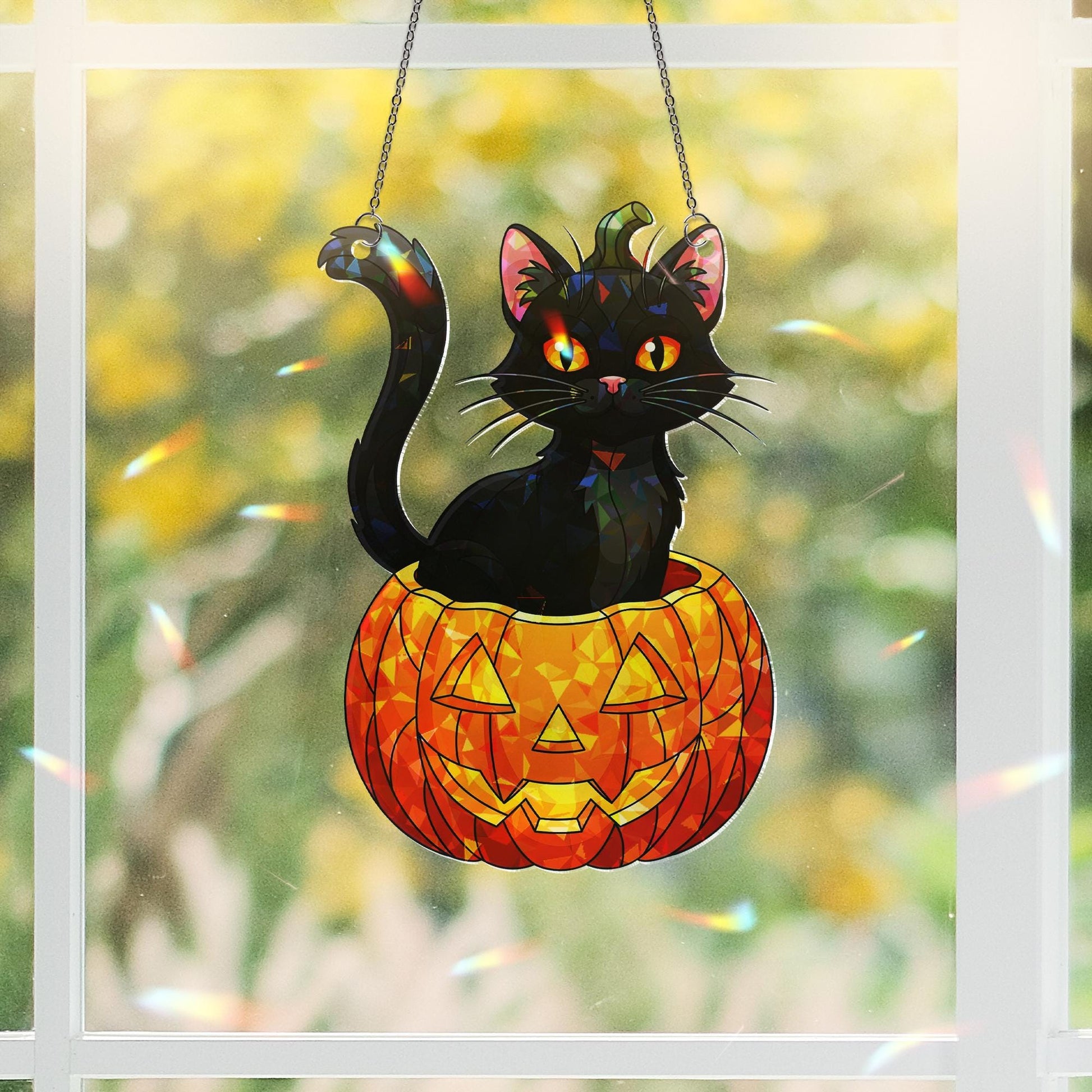 Black Cat Pumpkin Acrylic Window Hanging, Halloween Hologram Suncatcher, Gothic Cat Jack O Lantern Decor, Spooky Window Art