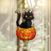 Black Cat Pumpkin Acrylic Window Hanging, Halloween Hologram Suncatcher, Gothic Cat Jack O Lantern Decor, Spooky Window Art