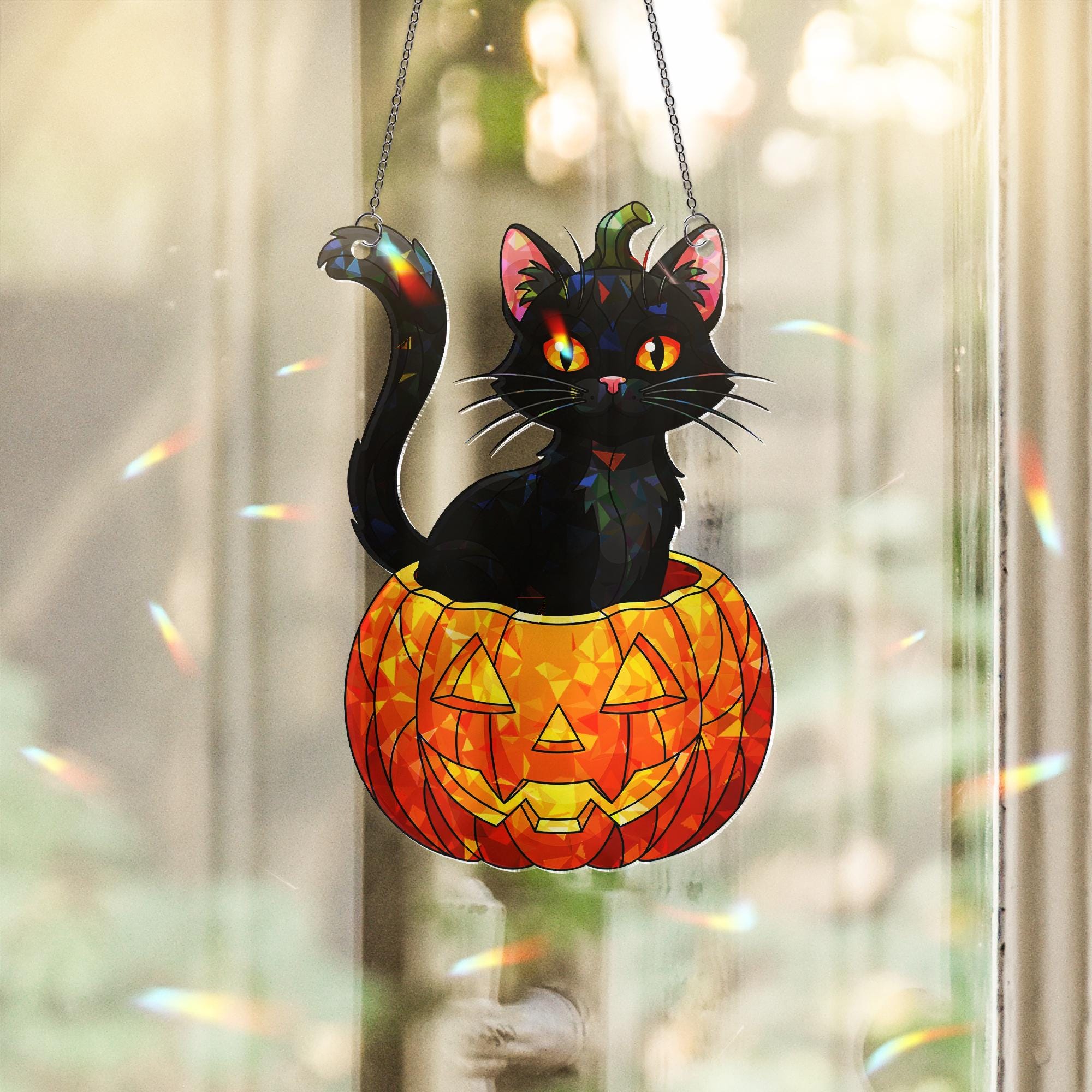 Black Cat Pumpkin Acrylic Window Hanging, Halloween Hologram Suncatcher, Gothic Cat Jack O Lantern Decor, Spooky Window Art