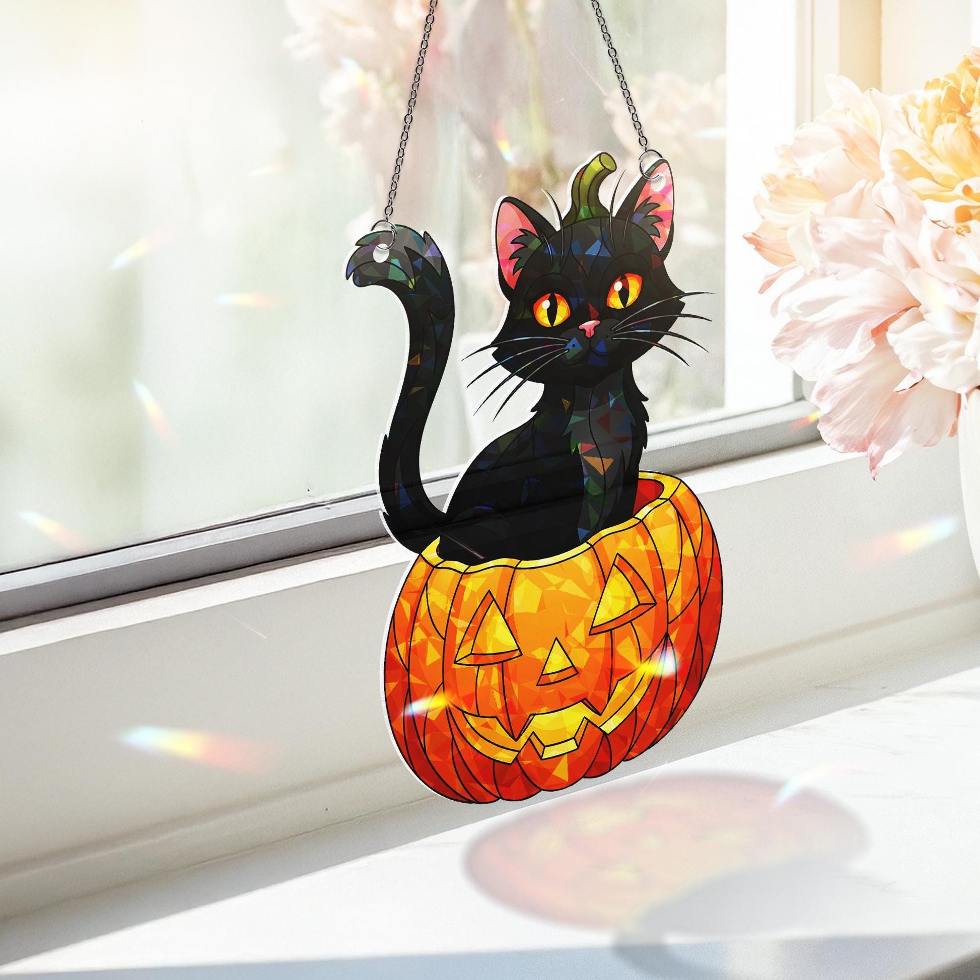 Black Cat Pumpkin Acrylic Window Hanging, Halloween Hologram Suncatcher, Gothic Cat Jack O Lantern Decor, Spooky Window Art