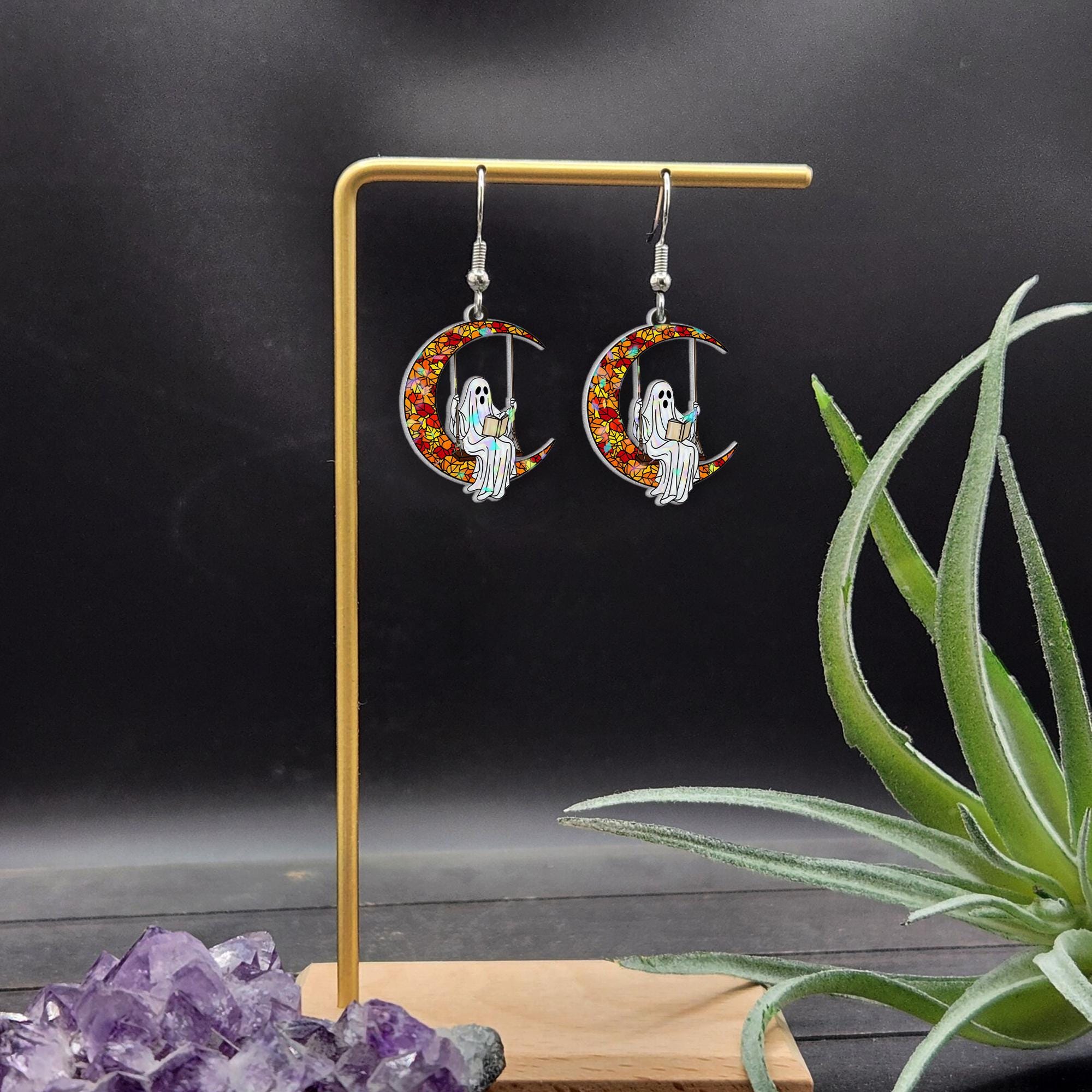 Bookish Ghost Earrings – Crescent Moon Swing Halloween Jewelry – Spooky Cute Book Lover Gift – Witchy Fall Earrings