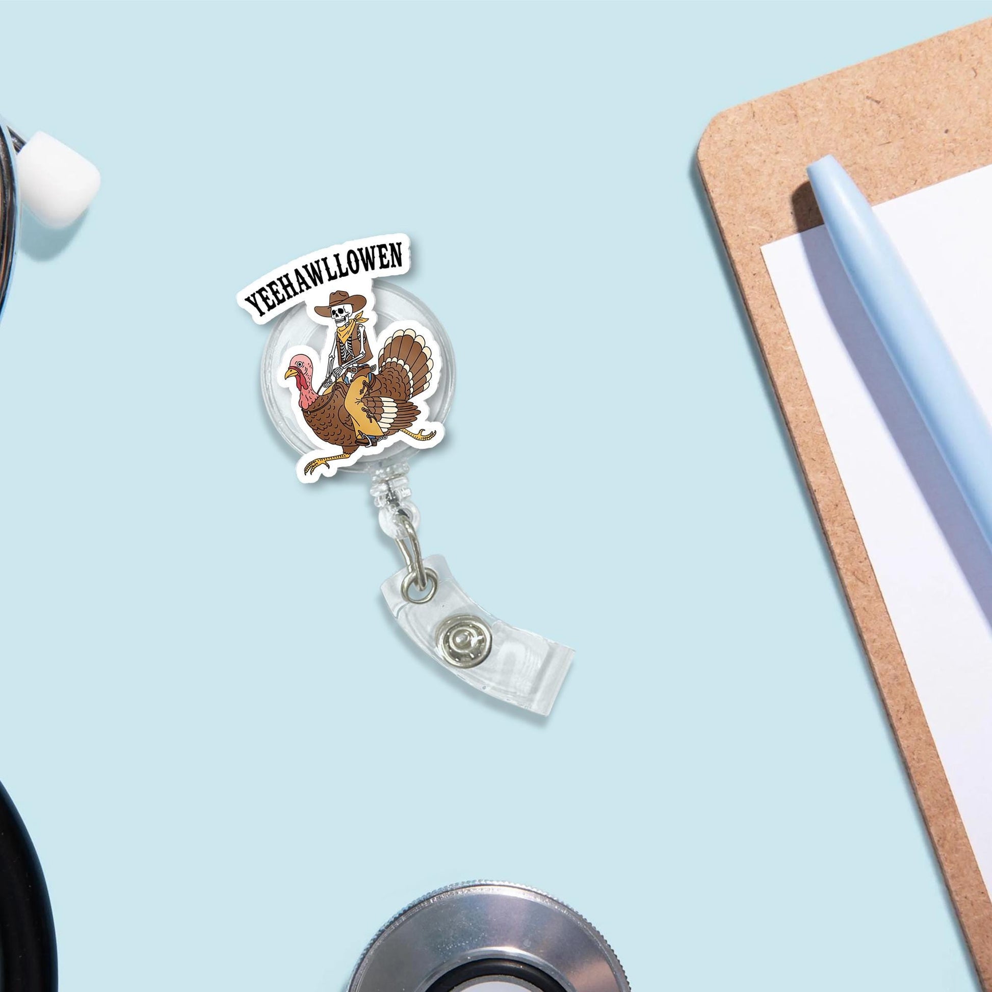 Yeehawllowen Badge Reel – Cowboy Skeleton Turkey Rider Retractable ID Holder, Funny Halloween Fall Nurse Name Tag Reel