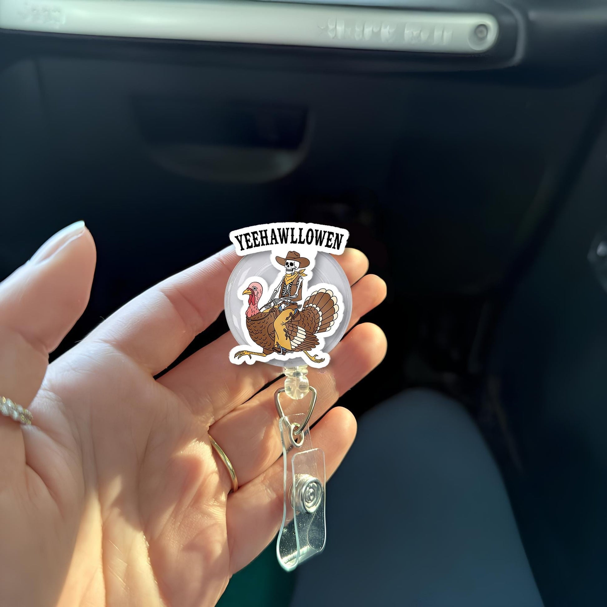 Yeehawllowen Badge Reel – Cowboy Skeleton Turkey Rider Retractable ID Holder, Funny Halloween Fall Nurse Name Tag Reel