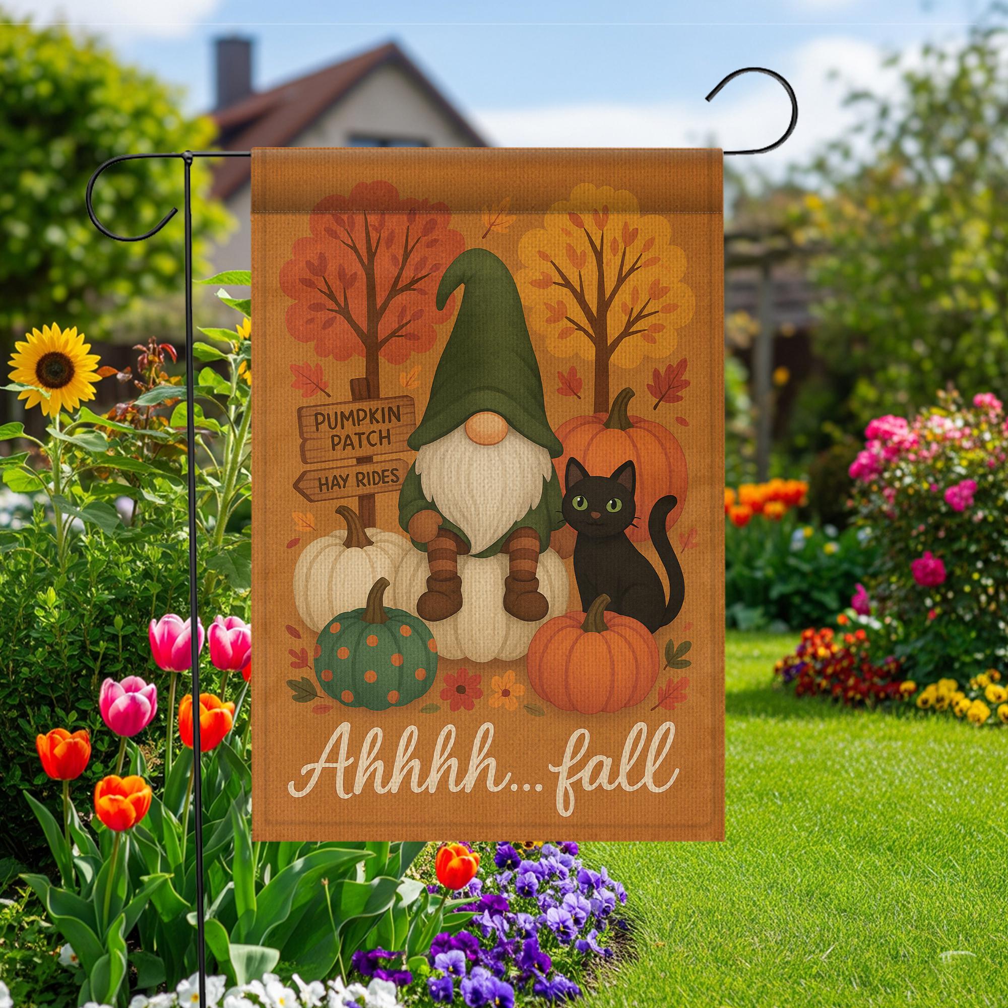 Ahhhh…Fall Gnome & Black Cat Garden Flag – Pumpkin Patch Yard Banner, Cute Autumn Outdoor Decor, Gnome Pumpkin Flag, Cute Fall Flag
