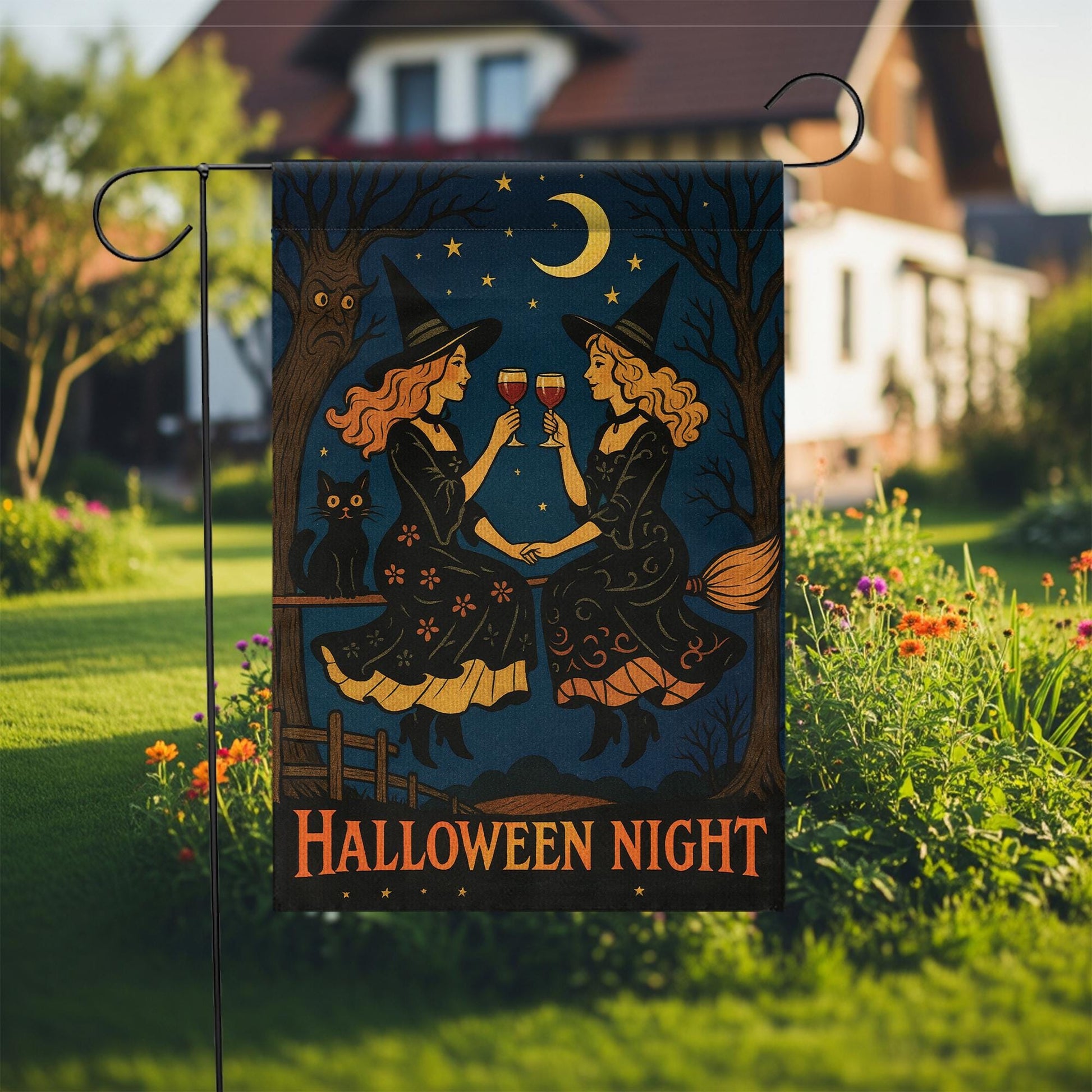 Halloween Night Gnome Garden Flag, Witchy Witches Cheers Outdoor Fall & Halloween Yard Banner, Halloween Night, Outdoor Fall Decor