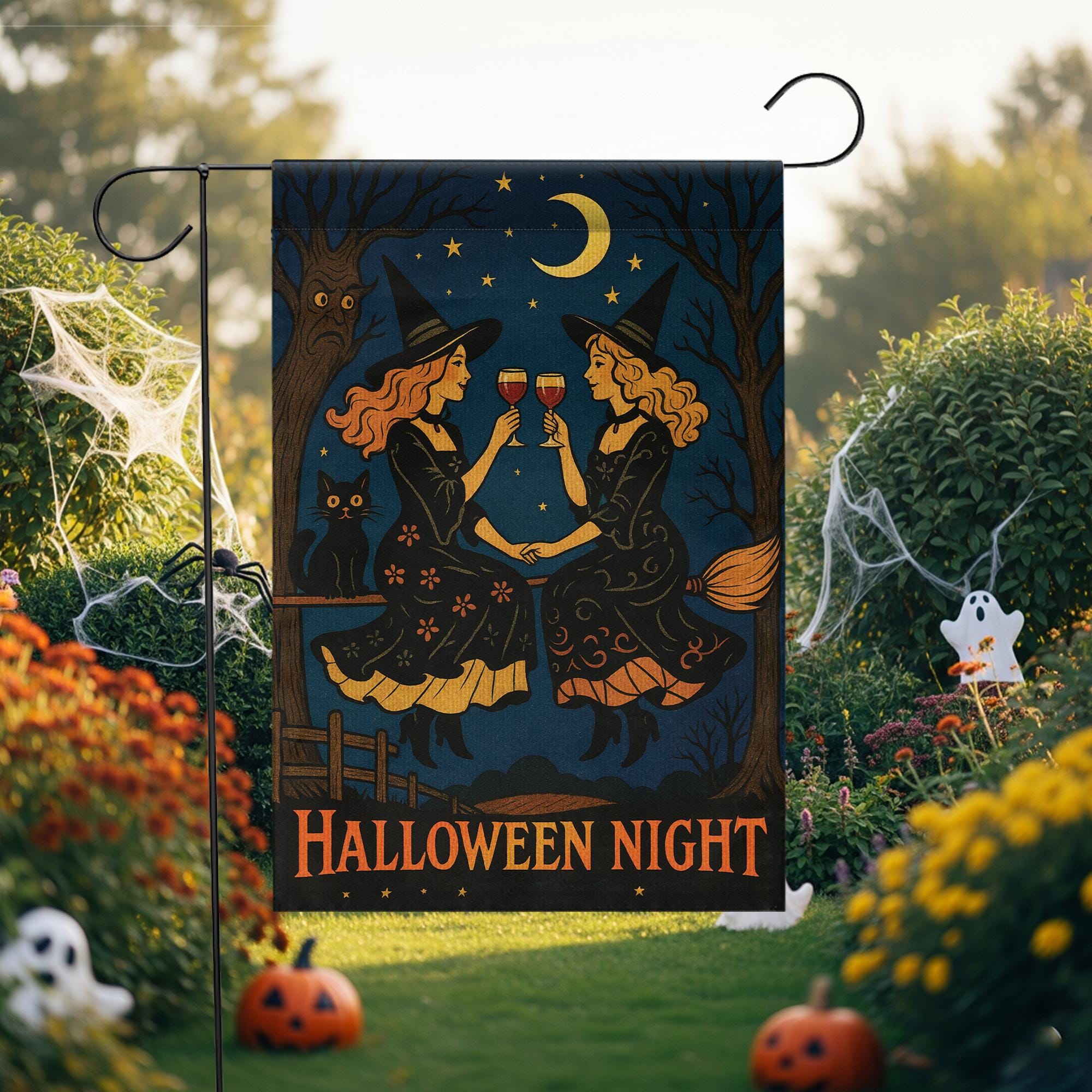 Halloween Night Gnome Garden Flag, Witchy Witches Cheers Outdoor Fall & Halloween Yard Banner, Halloween Night, Outdoor Fall Decor