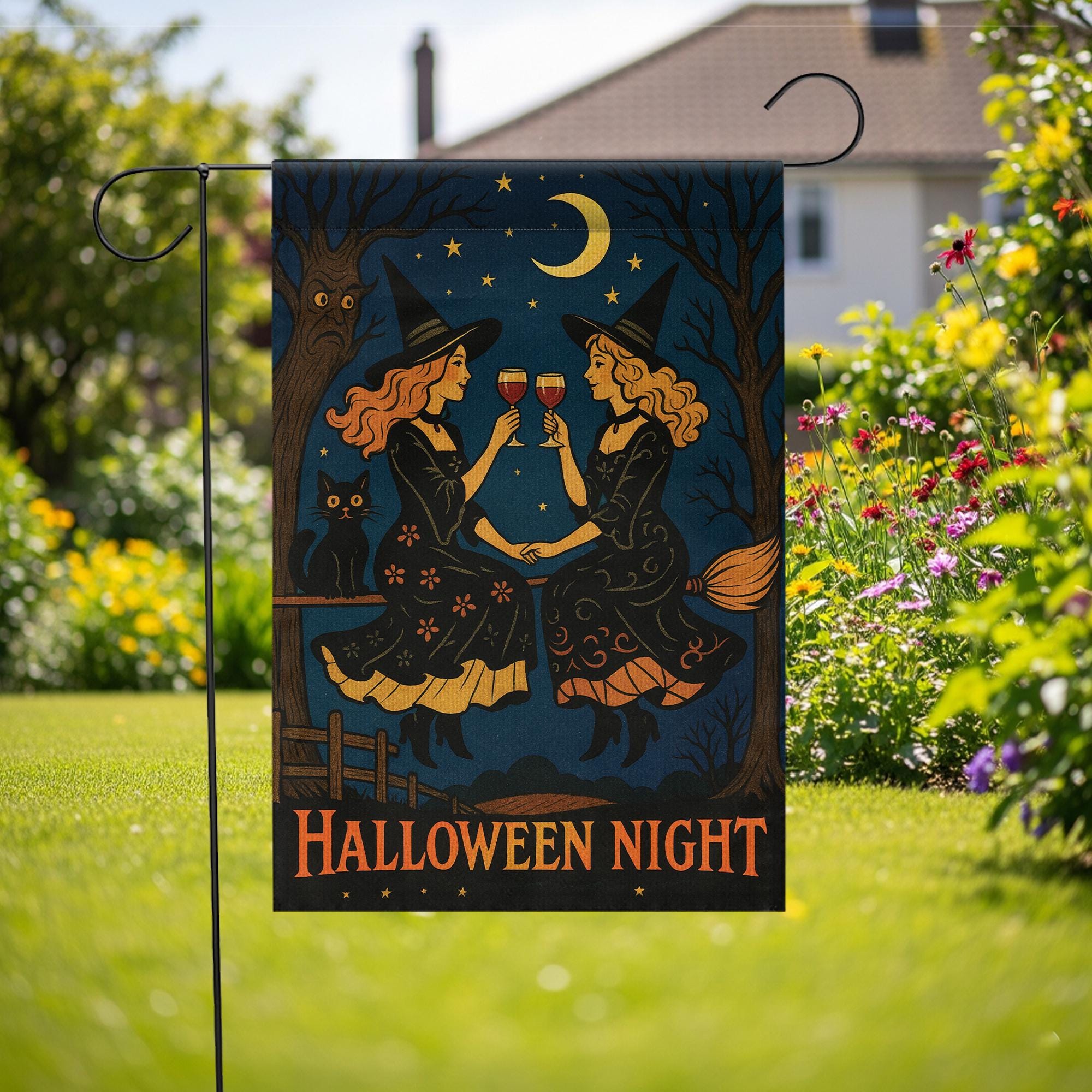 Halloween Night Gnome Garden Flag, Witchy Witches Cheers Outdoor Fall & Halloween Yard Banner, Halloween Night, Outdoor Fall Decor