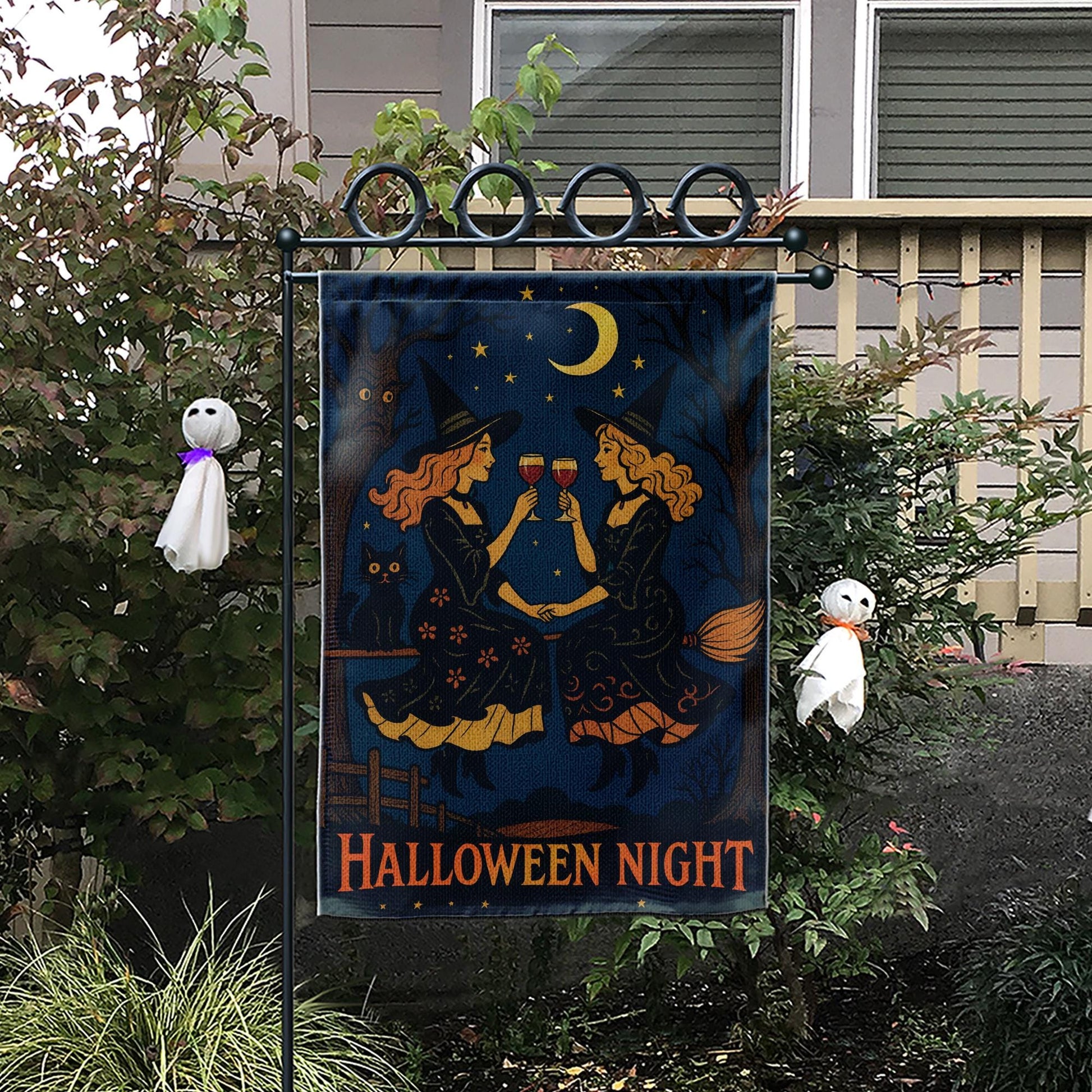 Halloween Night Gnome Garden Flag, Witchy Witches Cheers Outdoor Fall & Halloween Yard Banner, Halloween Night, Outdoor Fall Decor