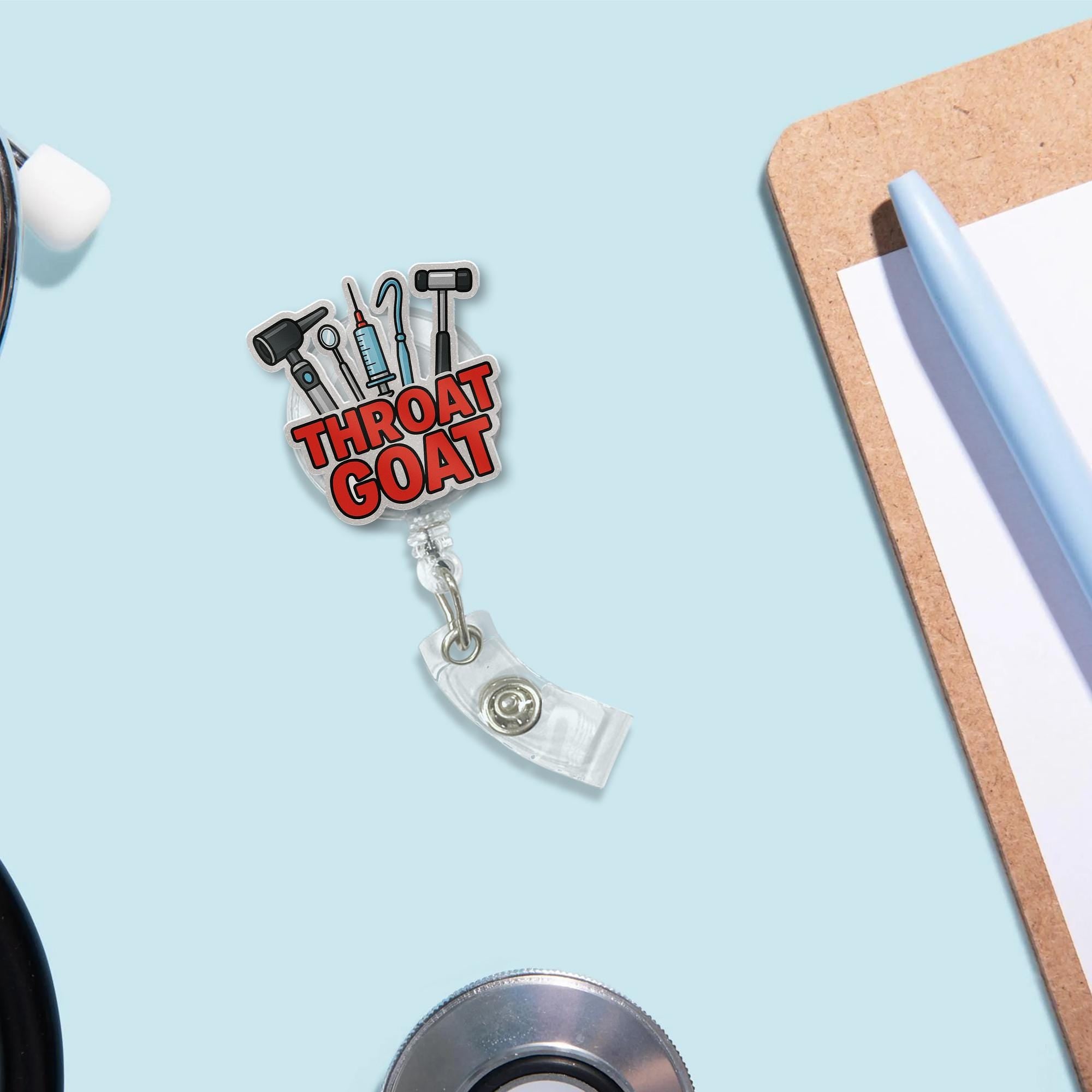 Throat Goat Badge Reel ,  Funny Medical Humor ID Holder for Nurses, RTs, CRNAs & Med Staff, Medical Badge Reel, Funny Badge, RT Badge Reel
