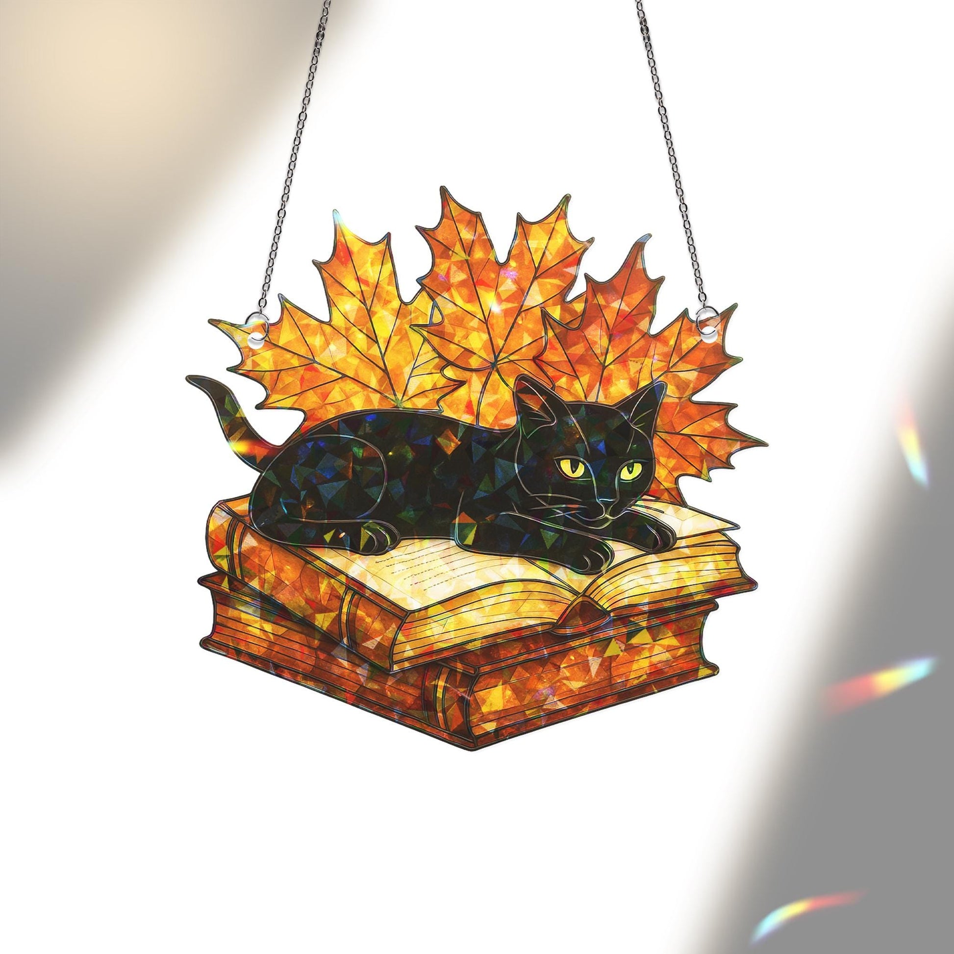 Black Cat Autumn Leaf Book Acrylic Hologram Window Hanging, Fall Cat Lover Home Decor, Halloween Sun Catcher Ornament, Suncatcher Style