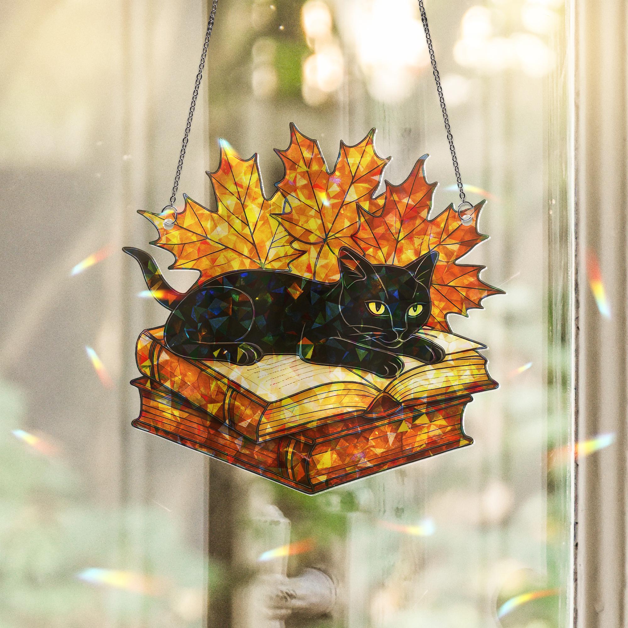 Black Cat Autumn Leaf Book Acrylic Hologram Window Hanging, Fall Cat Lover Home Decor, Halloween Sun Catcher Ornament, Suncatcher Style