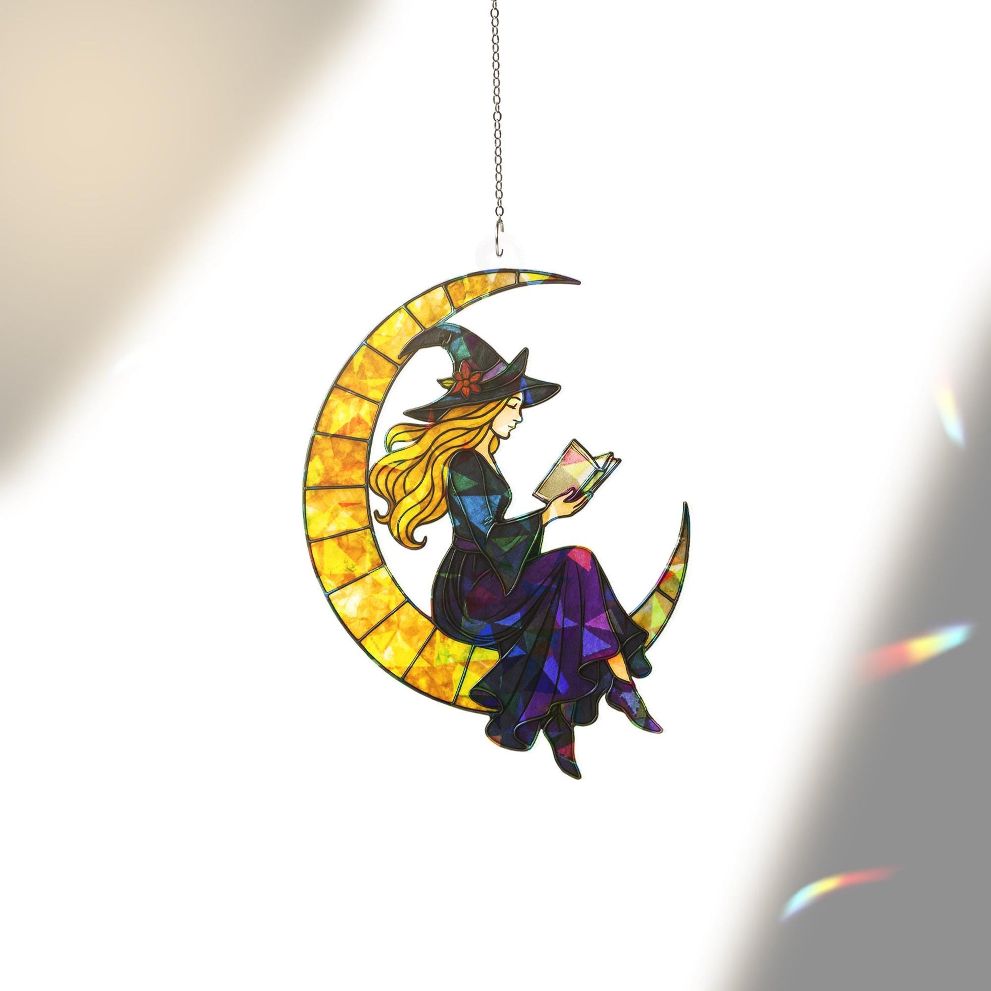Witch on Crescent Moon Acrylic Hologram Window Hanging, Halloween Witch Decor, Mystic Stained Glass Style, Suncatcher Style