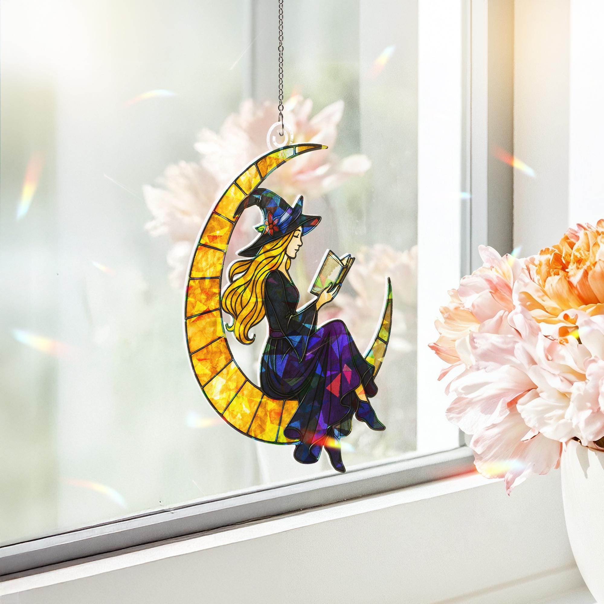 Witch on Crescent Moon Acrylic Hologram Window Hanging, Halloween Witch Decor, Mystic Stained Glass Style, Suncatcher Style