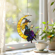 Witch on Crescent Moon Acrylic Hologram Window Hanging, Halloween Witch Decor, Mystic Stained Glass Style, Suncatcher Style